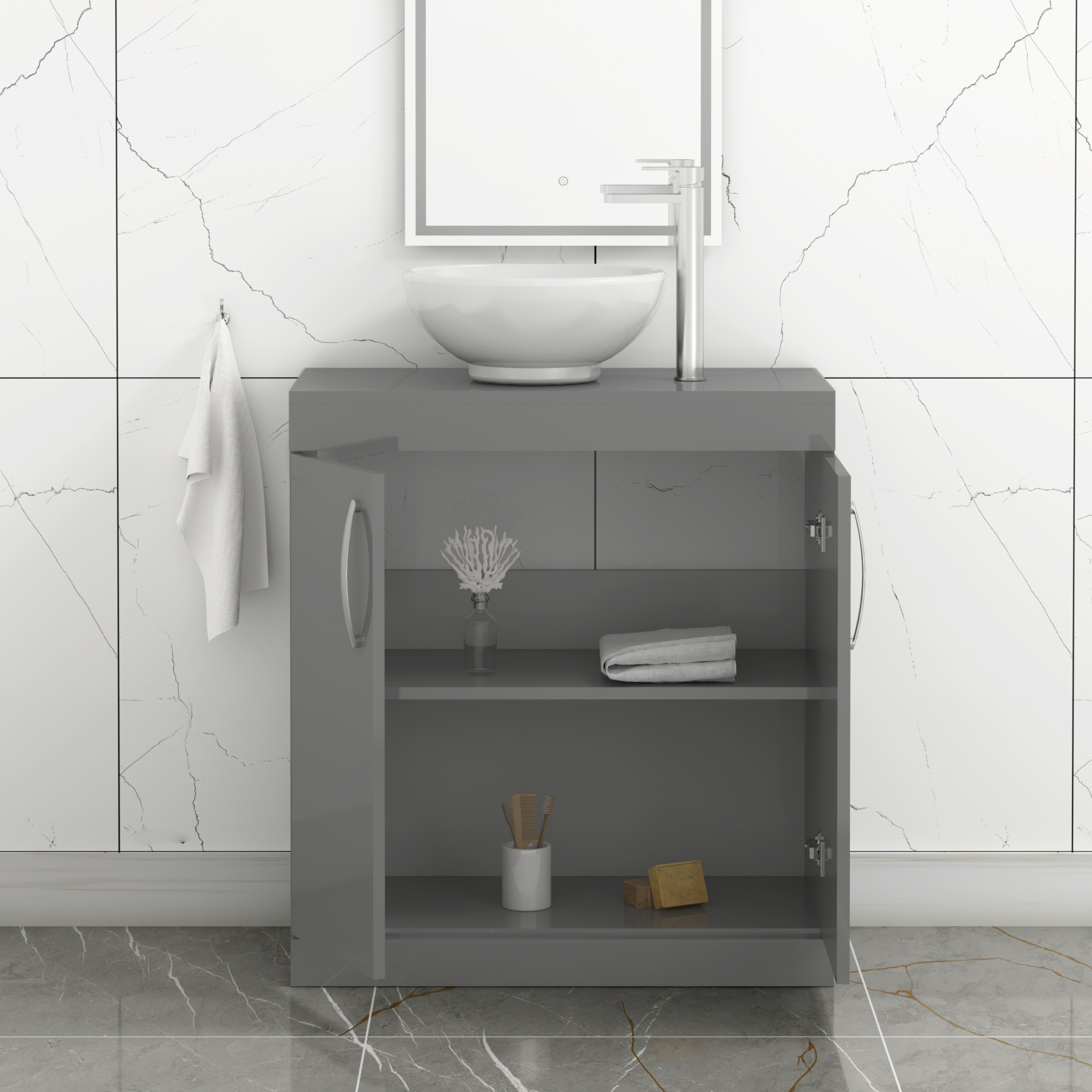 Turin 800mm Floor Standing Vanity Unit 2 Door Indigo Grey Gloss & Countertop Basin - Breeze