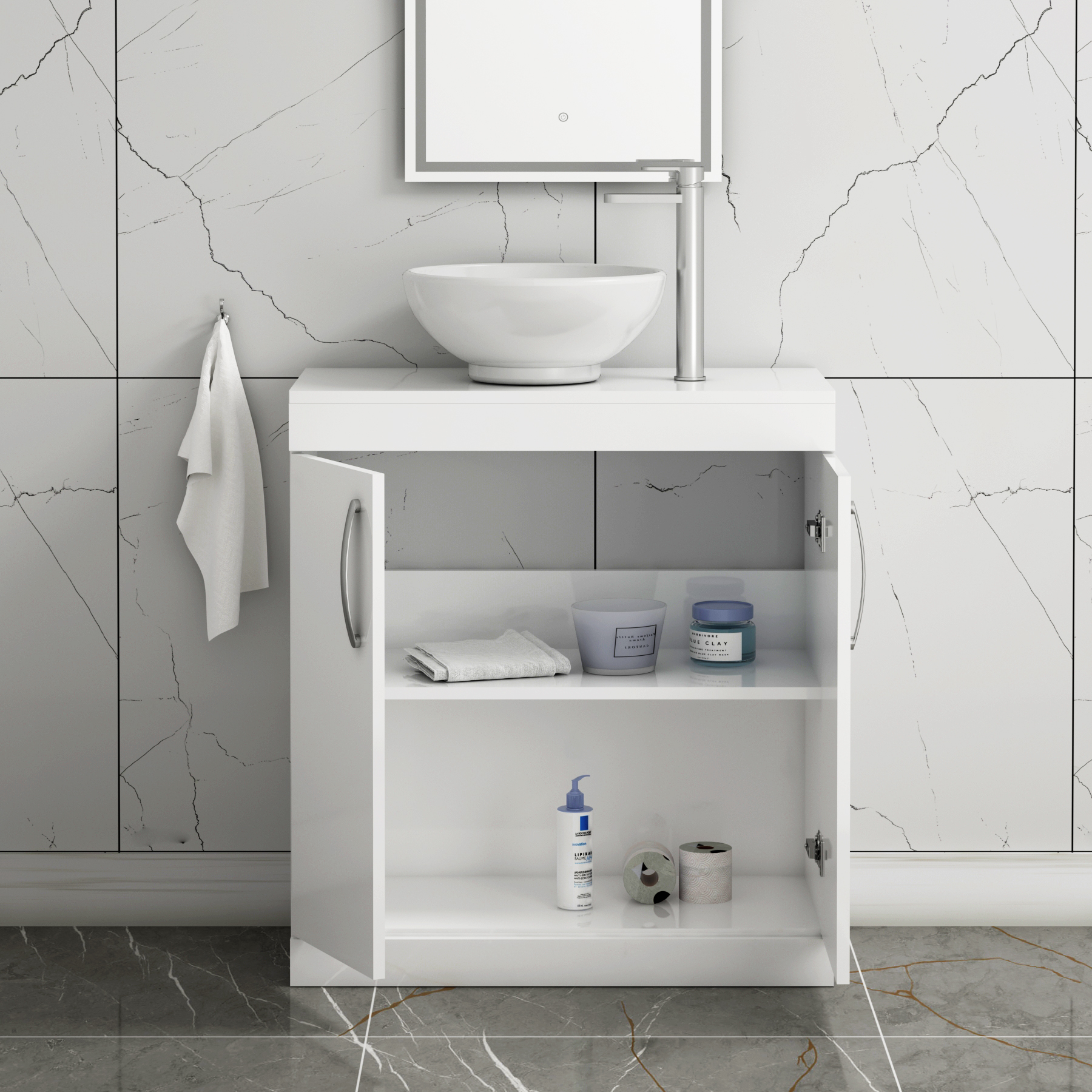 Turin 800mm Floor Standing Vanity Unit 2 Door Gloss White & Countertop Basin - Breeze