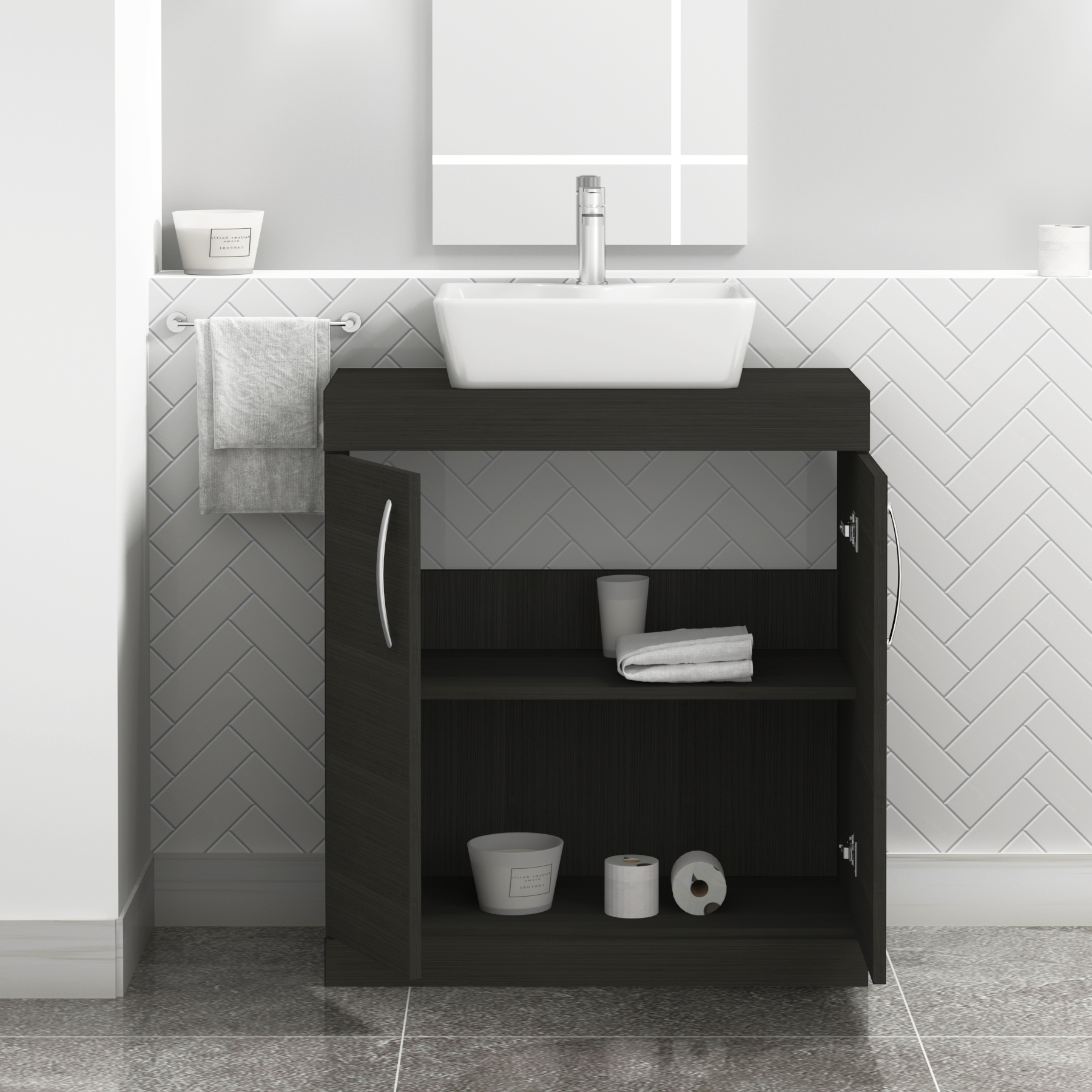 Turin 800mm Floor Standing Vanity Unit 2 Door Hale Black & Countertop Basin - Cube