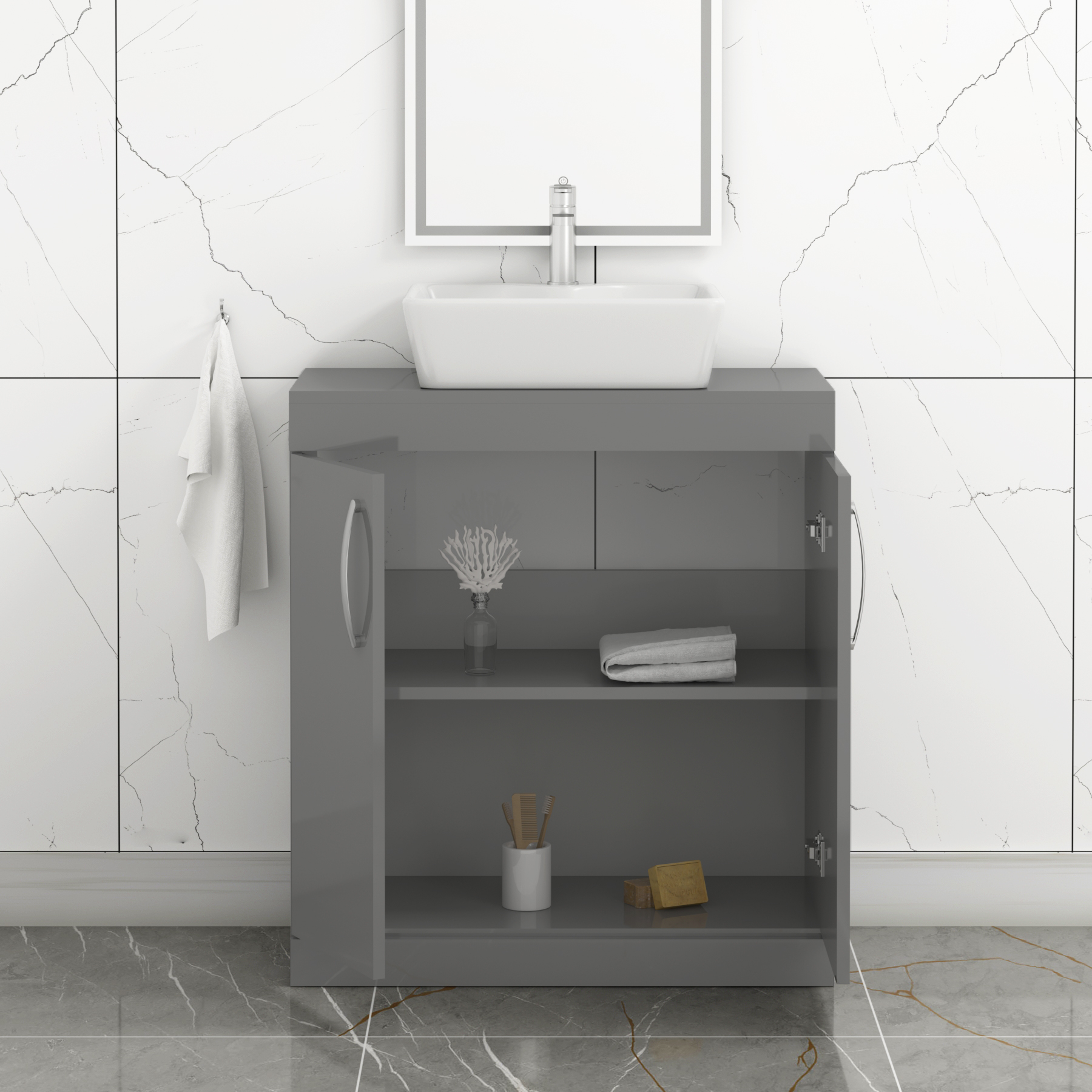 Turin 800mm Floor Standing Vanity Unit 2 Door Indigo Grey Gloss & Countertop Basin - Cube