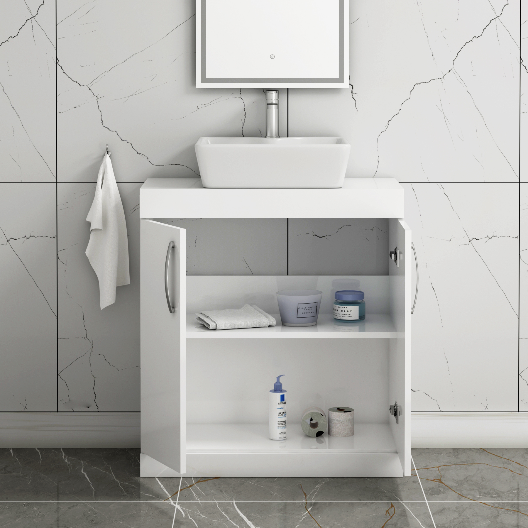 Turin 800mm Floor Standing Vanity Unit 2 Door Gloss White & Countertop Basin - Cube