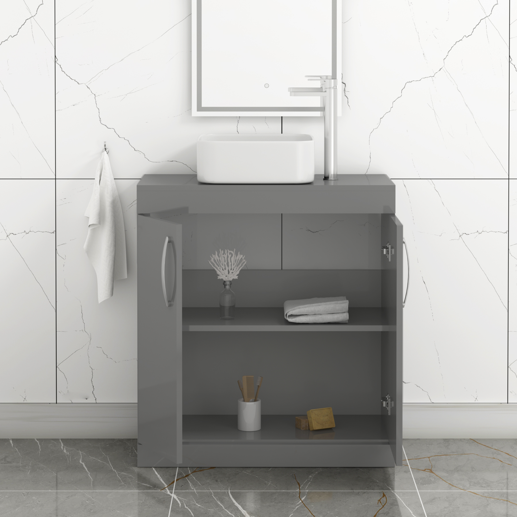 Turin 800mm Floor Standing Vanity Unit 2 Door Indigo Grey Gloss & Countertop Basin - Elena
