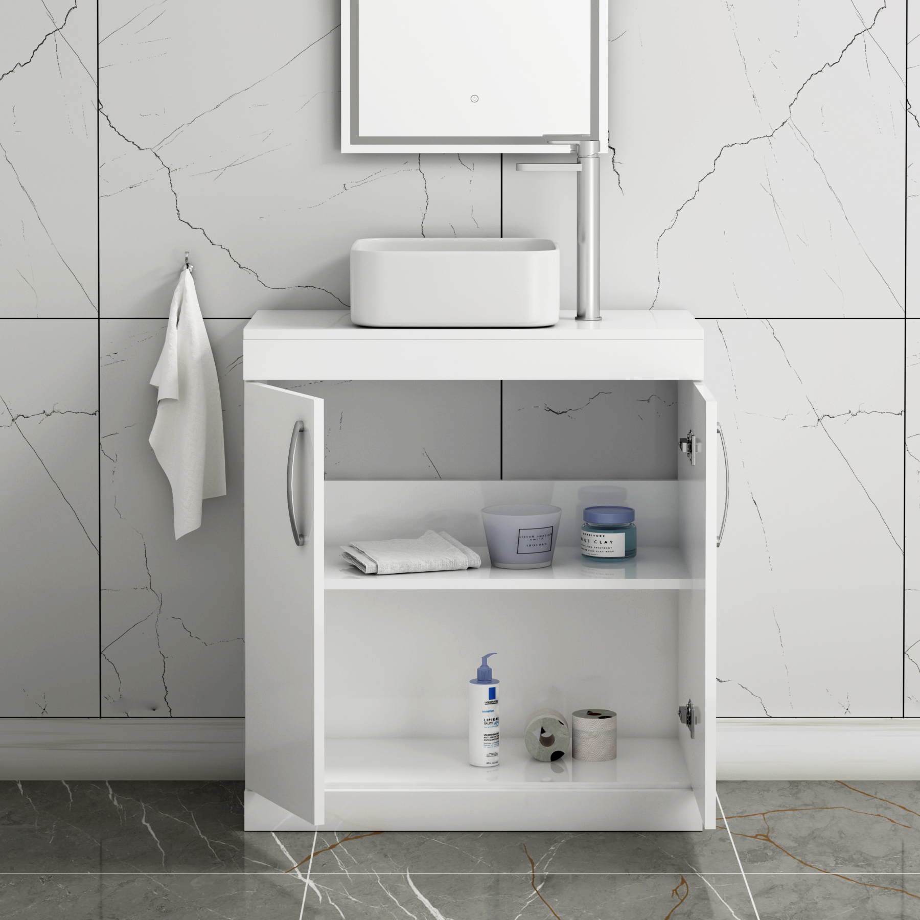 Turin 800mm Floor Standing Vanity Unit 2 Door Gloss White & Countertop Basin - Elena