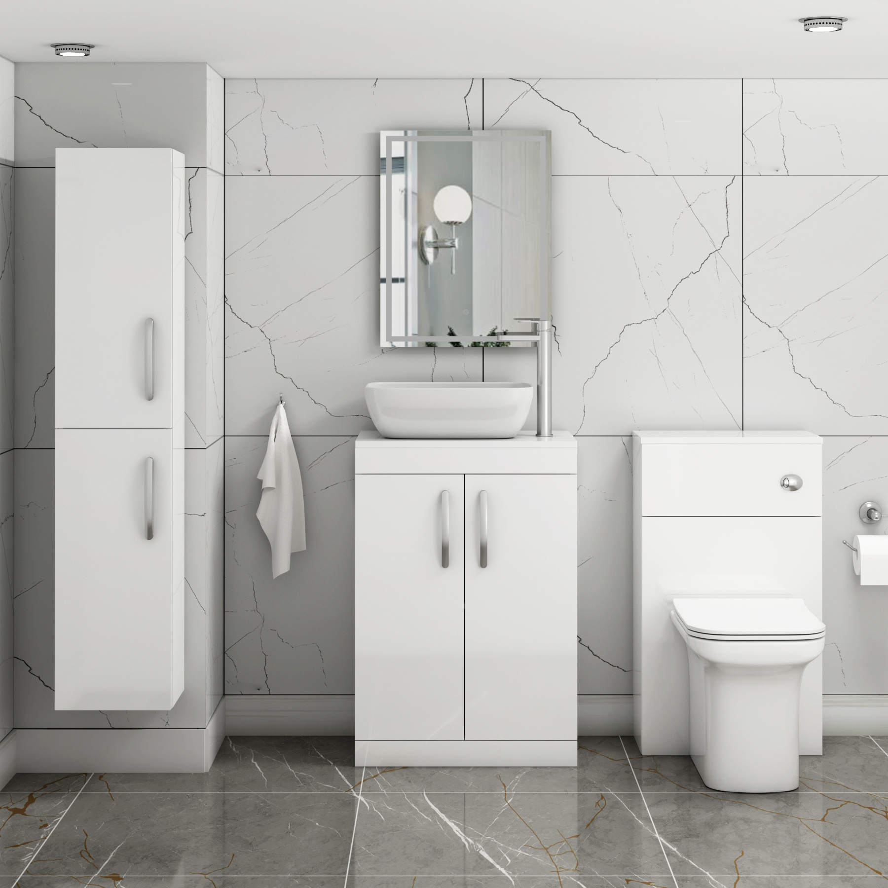 500/600mm Floor Standing Vanity Unit 2 Door Gloss White & Countertop Basin - Elva