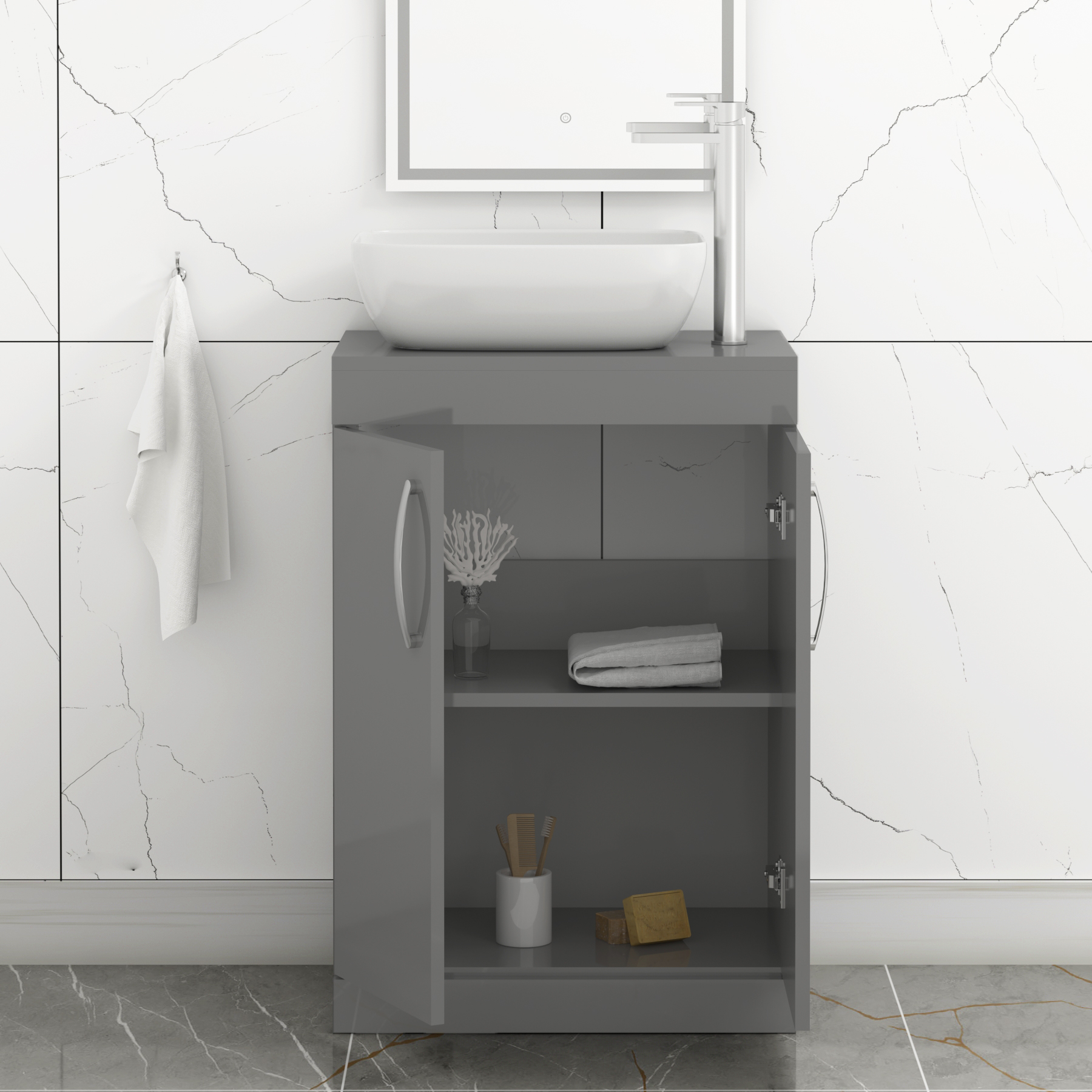 500/600mm Floor Standing Vanity Unit 2 Door Indigo Grey Gloss & Countertop Basin - Elva