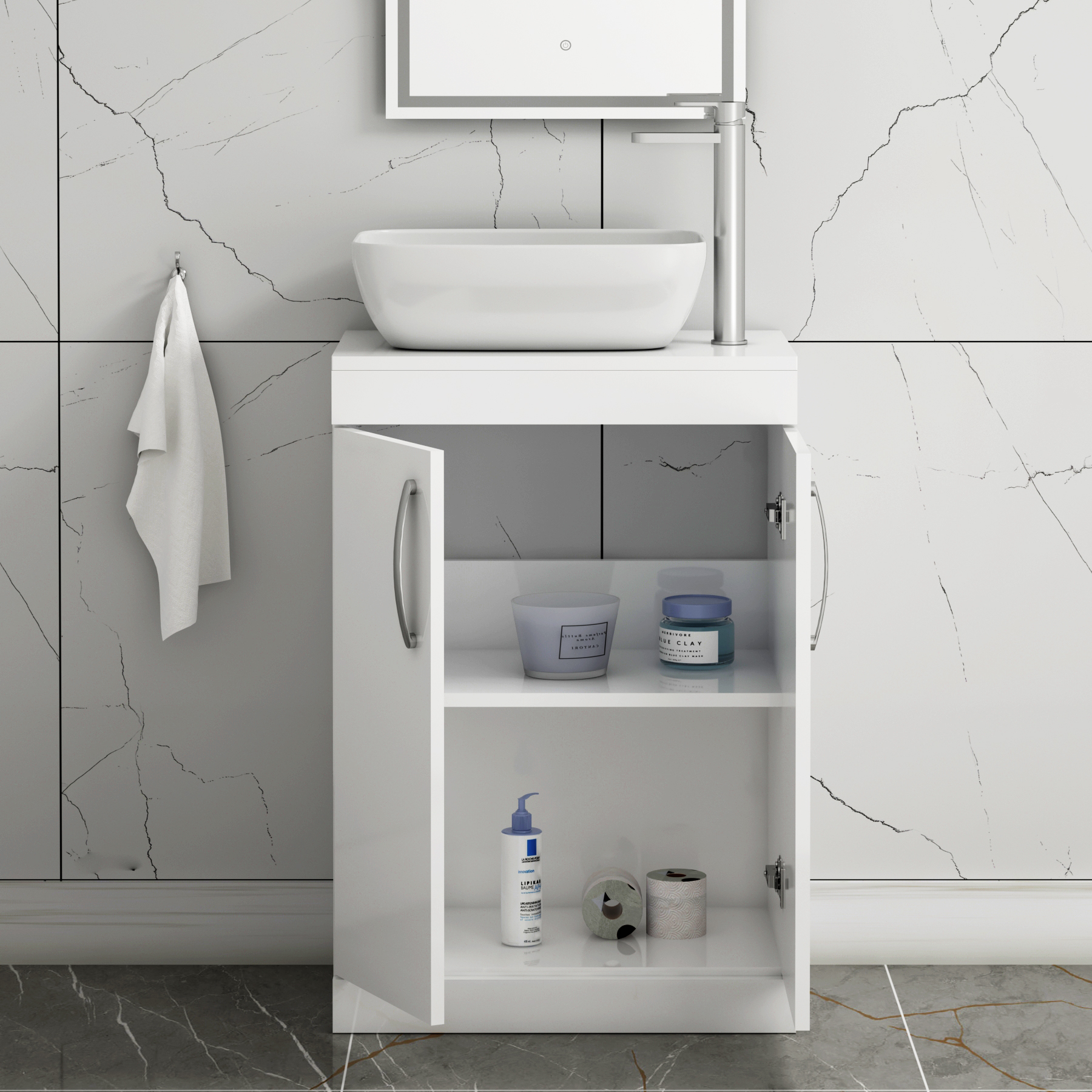 500/600mm Floor Standing Vanity Unit 2 Door Gloss White & Countertop Basin - Elva