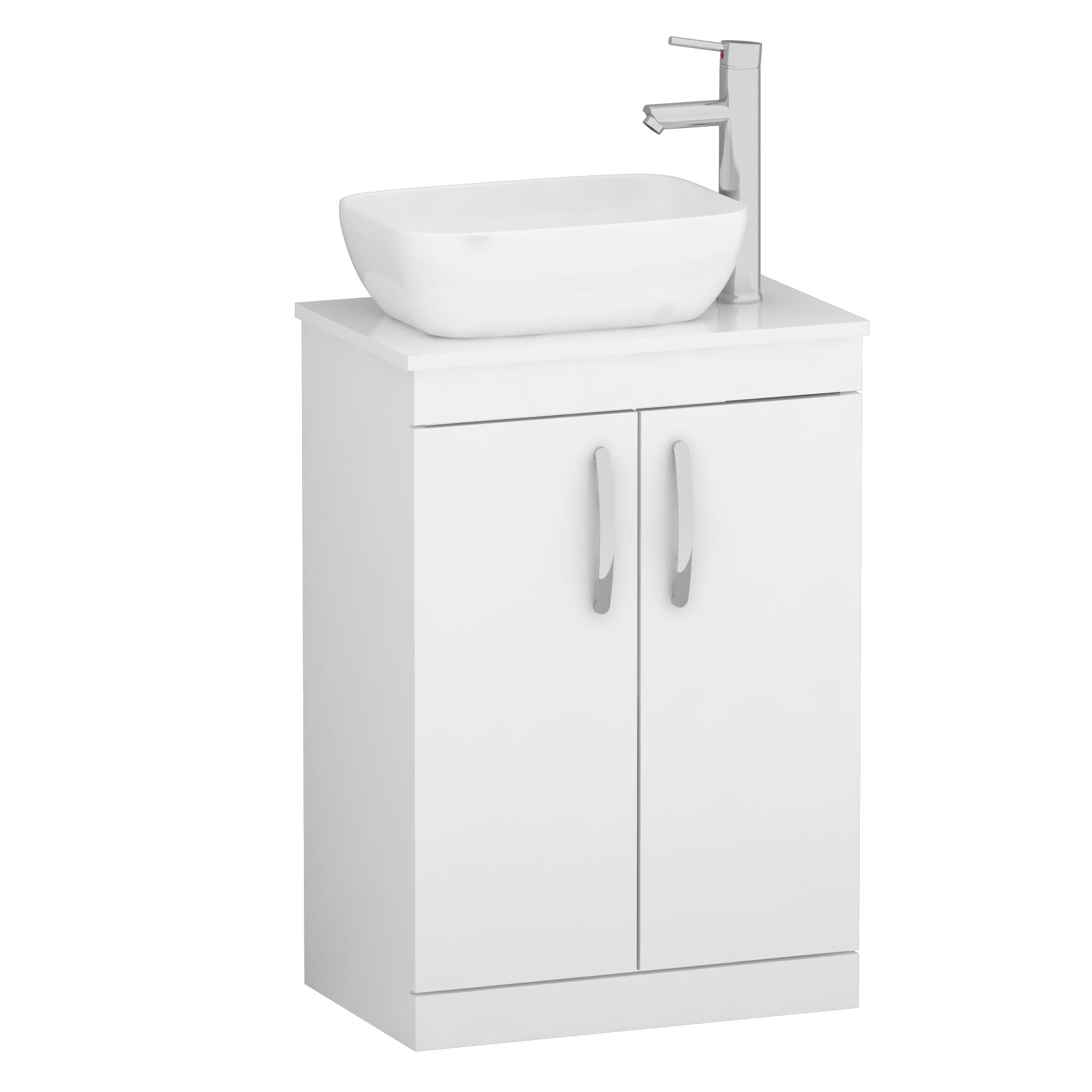 500/600mm Floor Standing Vanity Unit 2 Door Gloss White & Countertop Basin - Elva