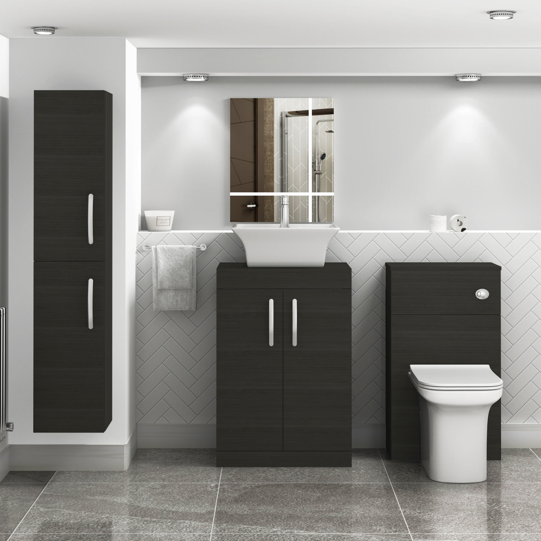 600mm Floor Standing Vanity Unit 2 Door Hale Black & Countertop Basin - Amaze