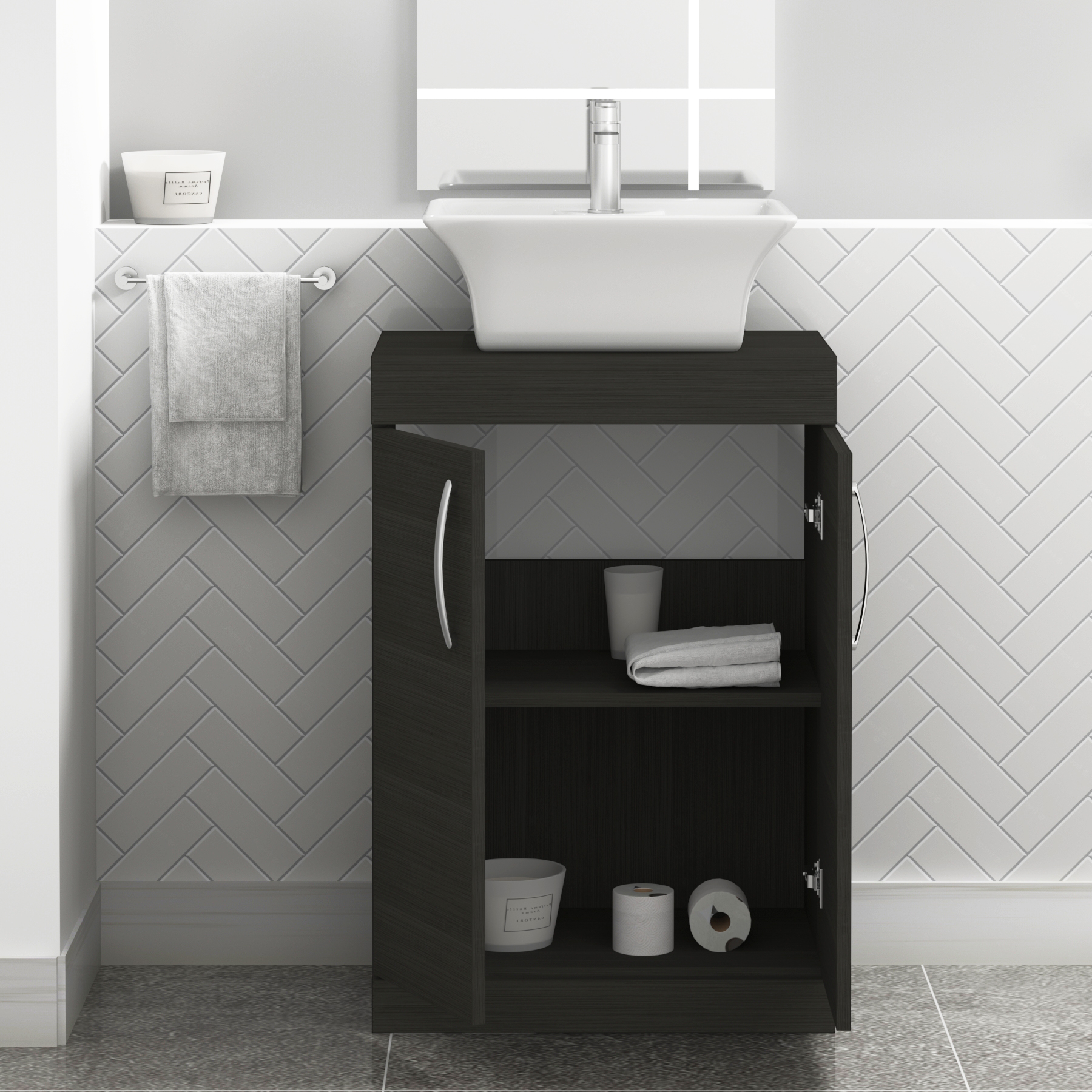 600mm Floor Standing Vanity Unit 2 Door Hale Black & Countertop Basin - Amaze