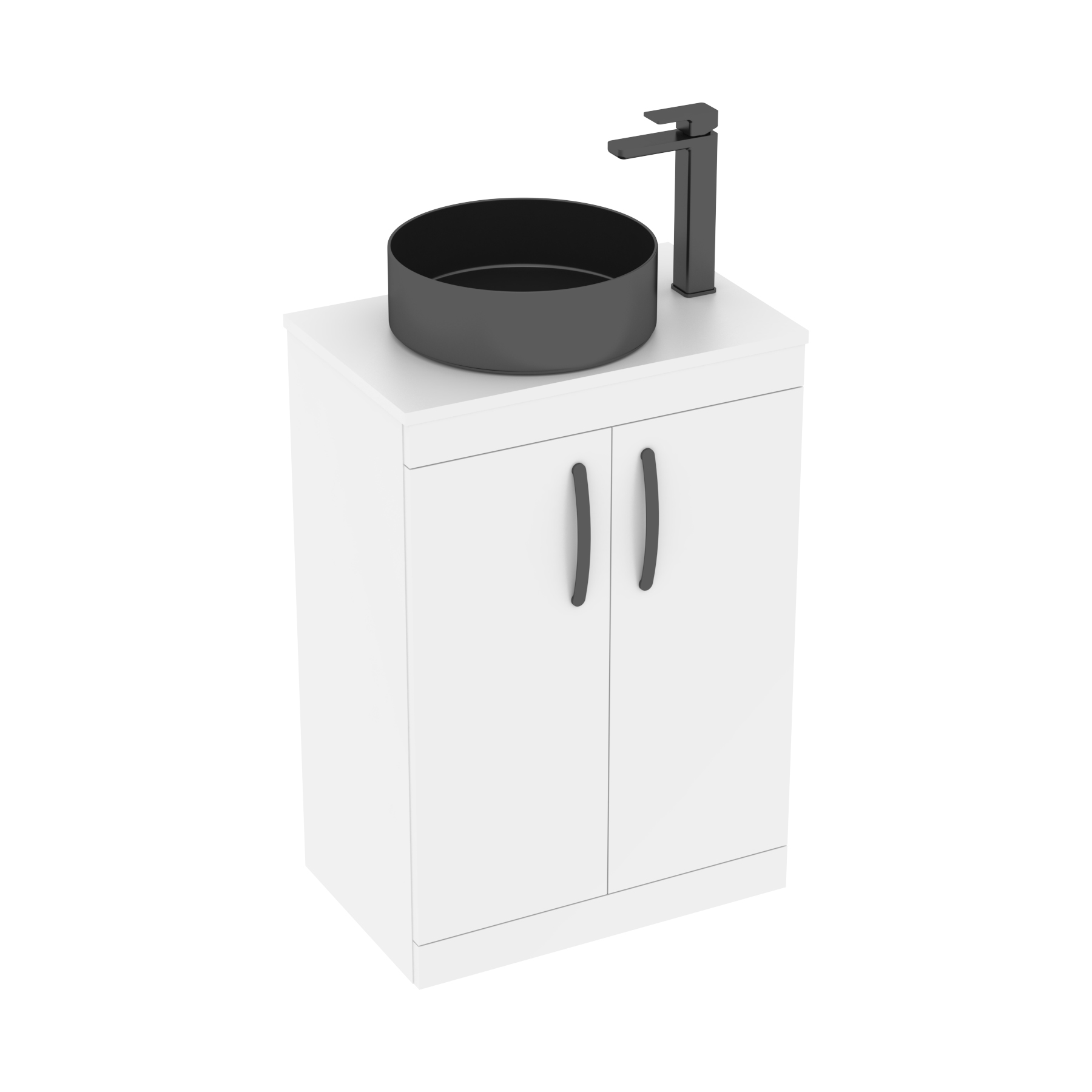 600mm Floor Standing Vanity Unit 2 Door Gloss White & Countertop Basin - Art Round 