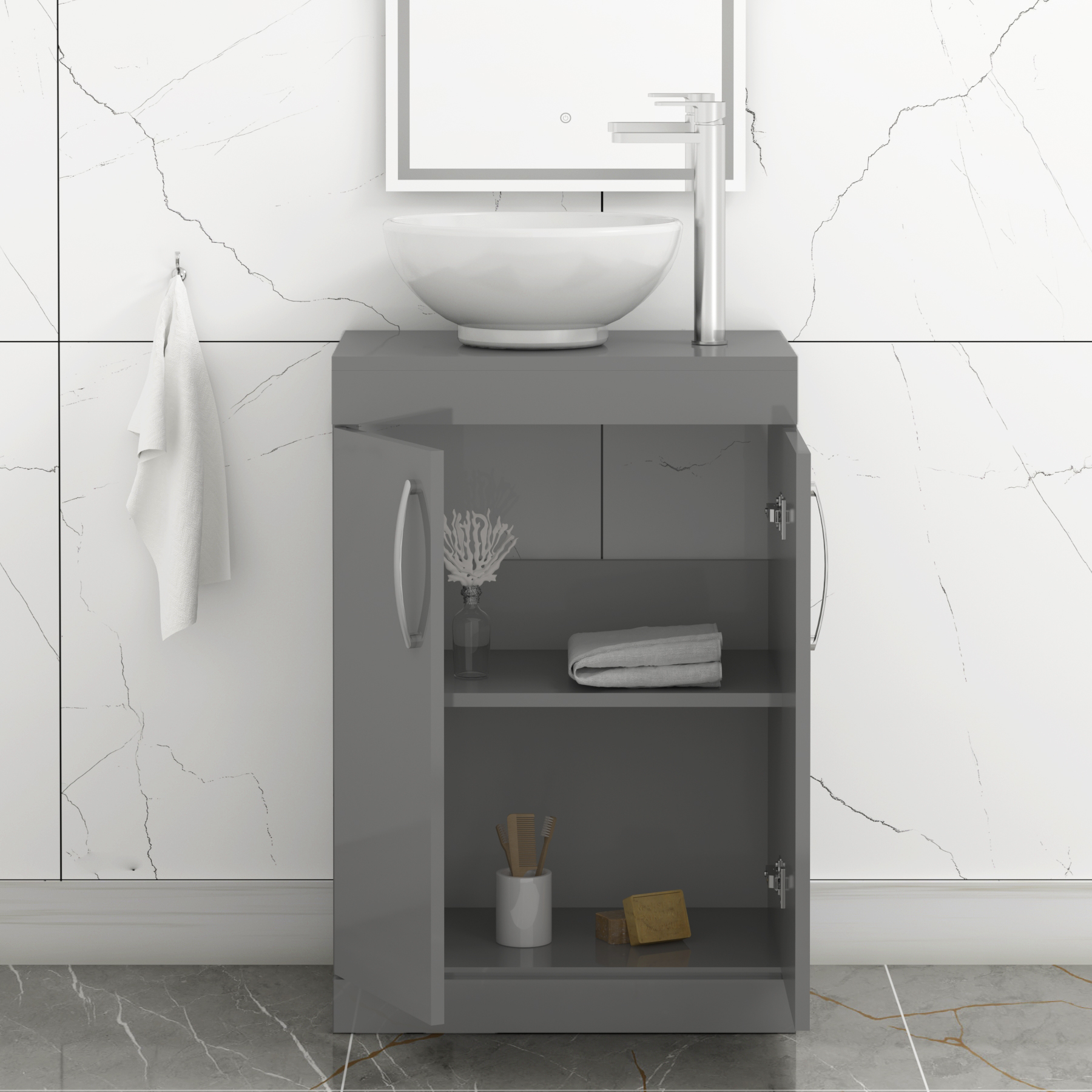 500 600mm Indigo Grey Gloss 2 Door Free Standing Bathroom Vanity Unit with Sink Breeze Countertop Basin