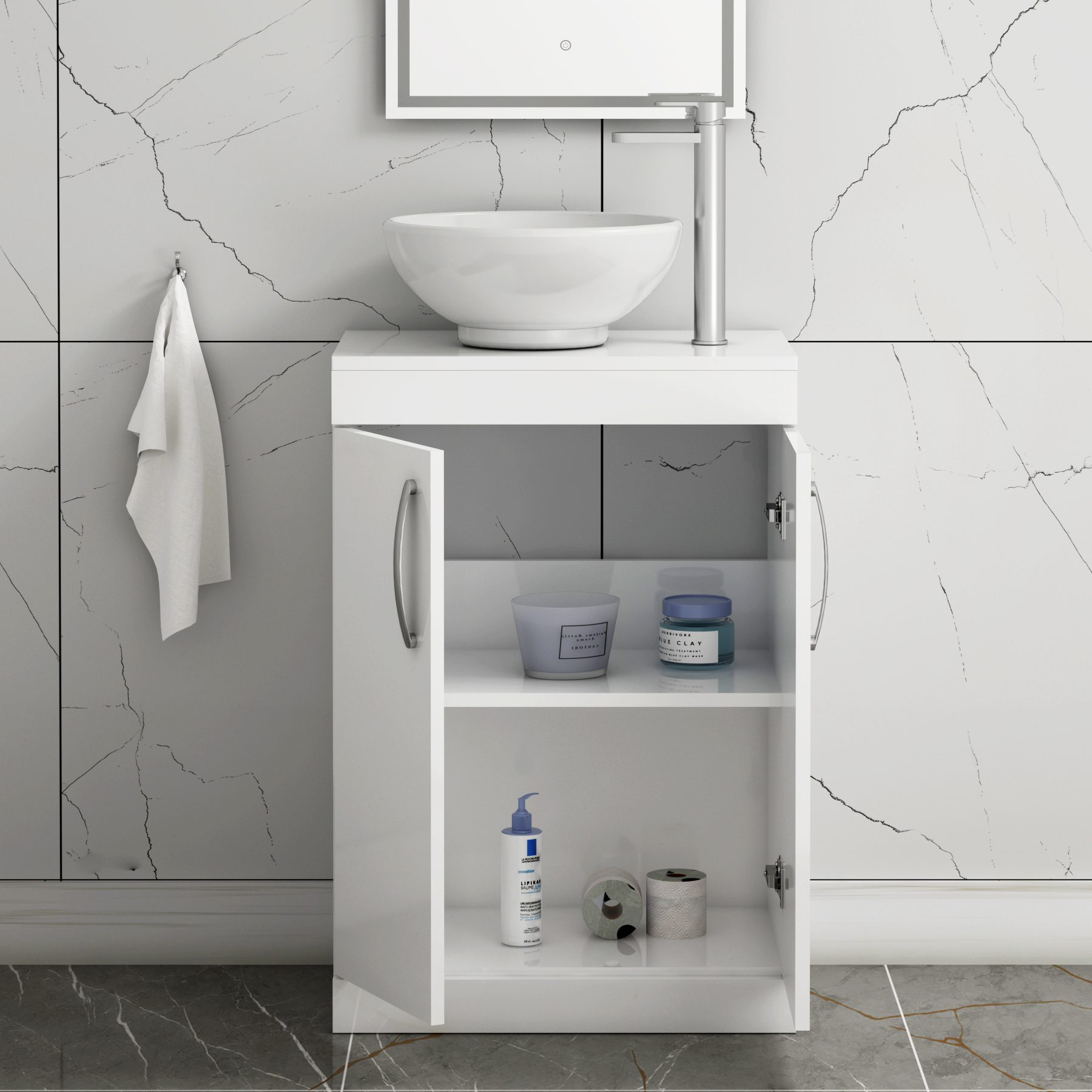 500/600mm Floor Standing Vanity Unit 2 Door Gloss White & Countertop Basin - Breeze