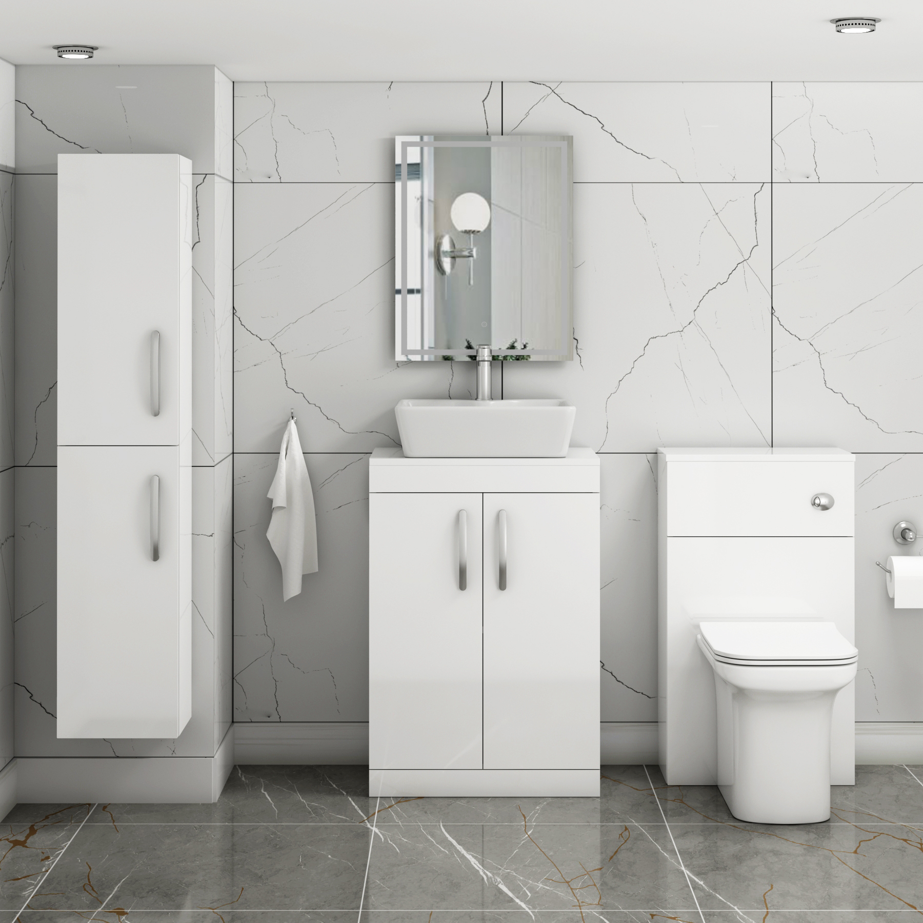 500/600mm Floor Standing Vanity Unit 2 Door Gloss White & Countertop Basin - Cube