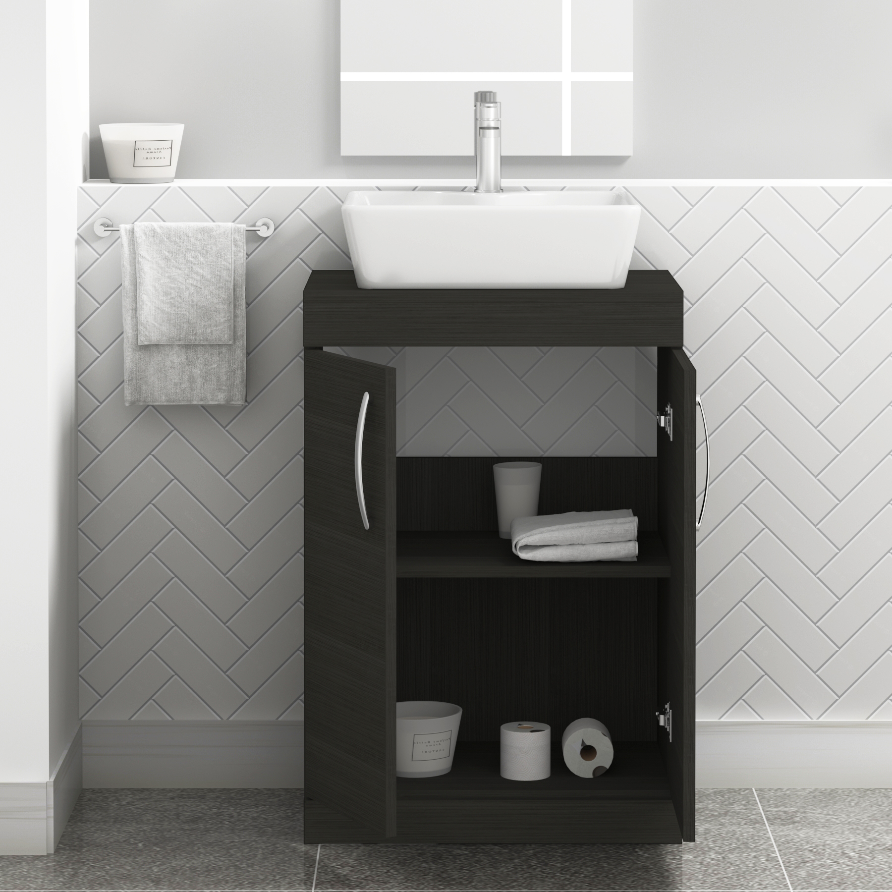 500/600mm Floor Standing Vanity Unit 2 Door Hale Black & Countertop Basin - Cube