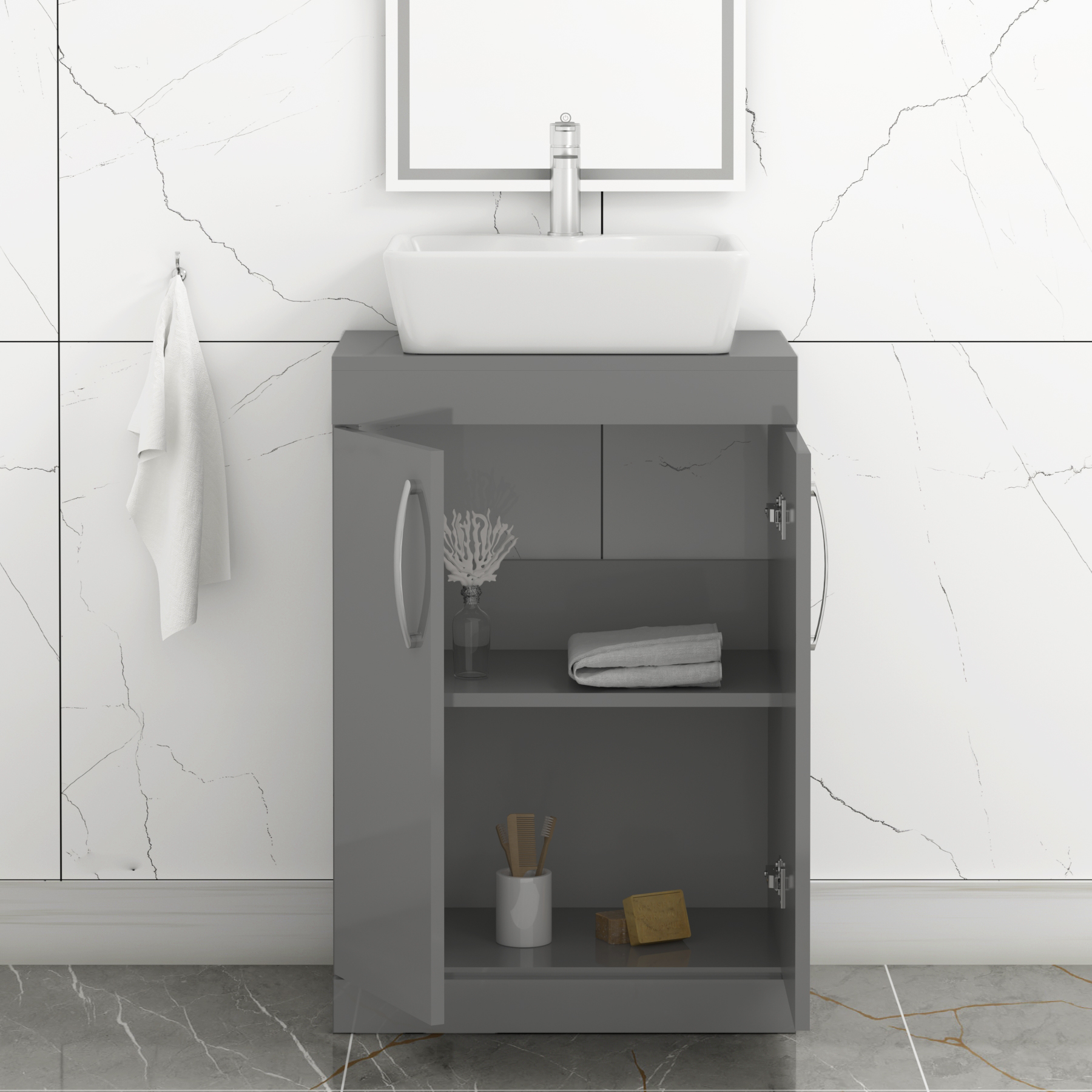 500/600mm Floor Standing Vanity Unit 2 Door Indigo Grey Gloss & Countertop Basin - Cube