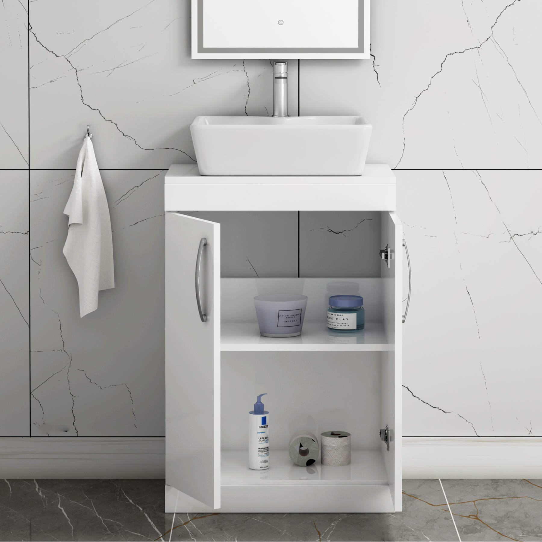 500/600mm Floor Standing Vanity Unit 2 Door Gloss White & Countertop Basin - Cube