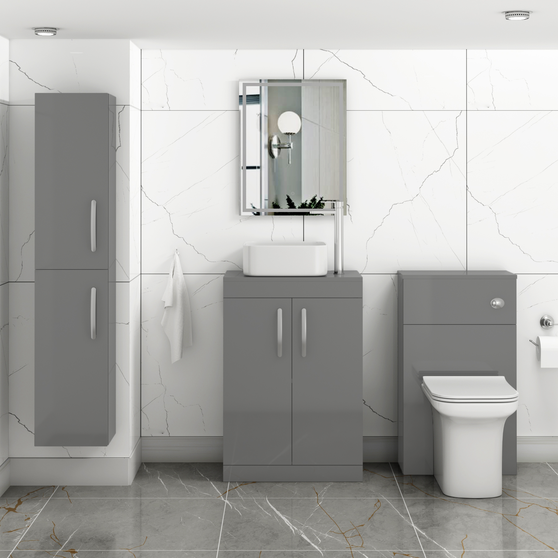 500/600mm Floor Standing Vanity Unit 2 Door Indigo Grey Gloss & Countertop Basin - Elena