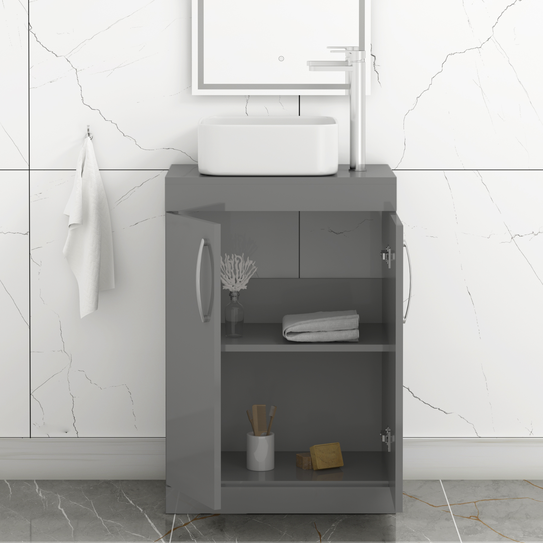 500/600mm Floor Standing Vanity Unit 2 Door Indigo Grey Gloss & Countertop Basin - Elena