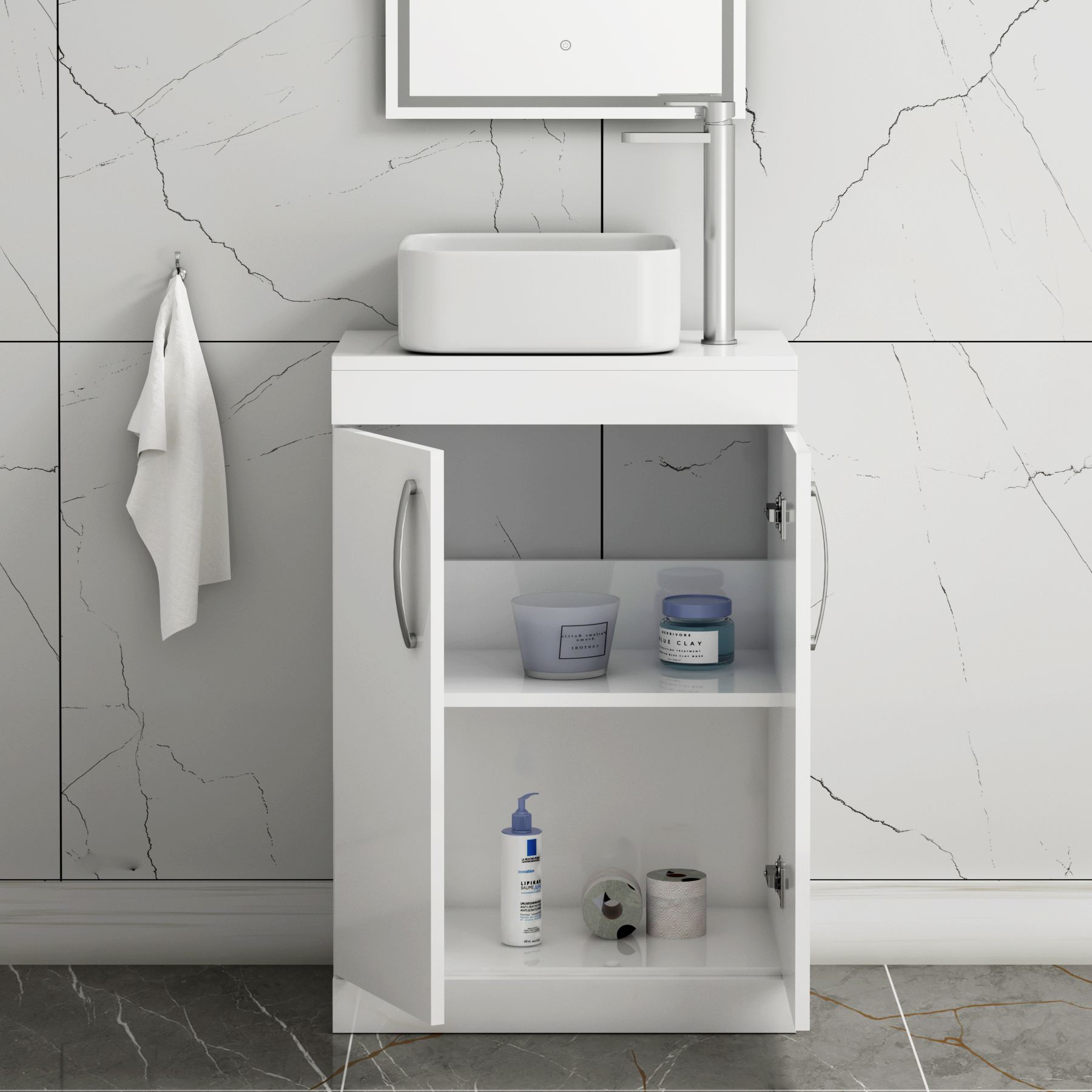 500/600mm Floor Standing Vanity Unit 2 Door Gloss White & Countertop Basin - Elena