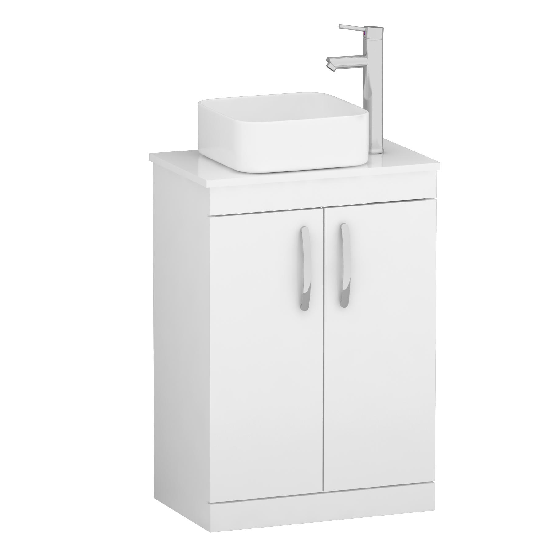 500/600mm Floor Standing Vanity Unit 2 Door Gloss White & Countertop Basin - Elena