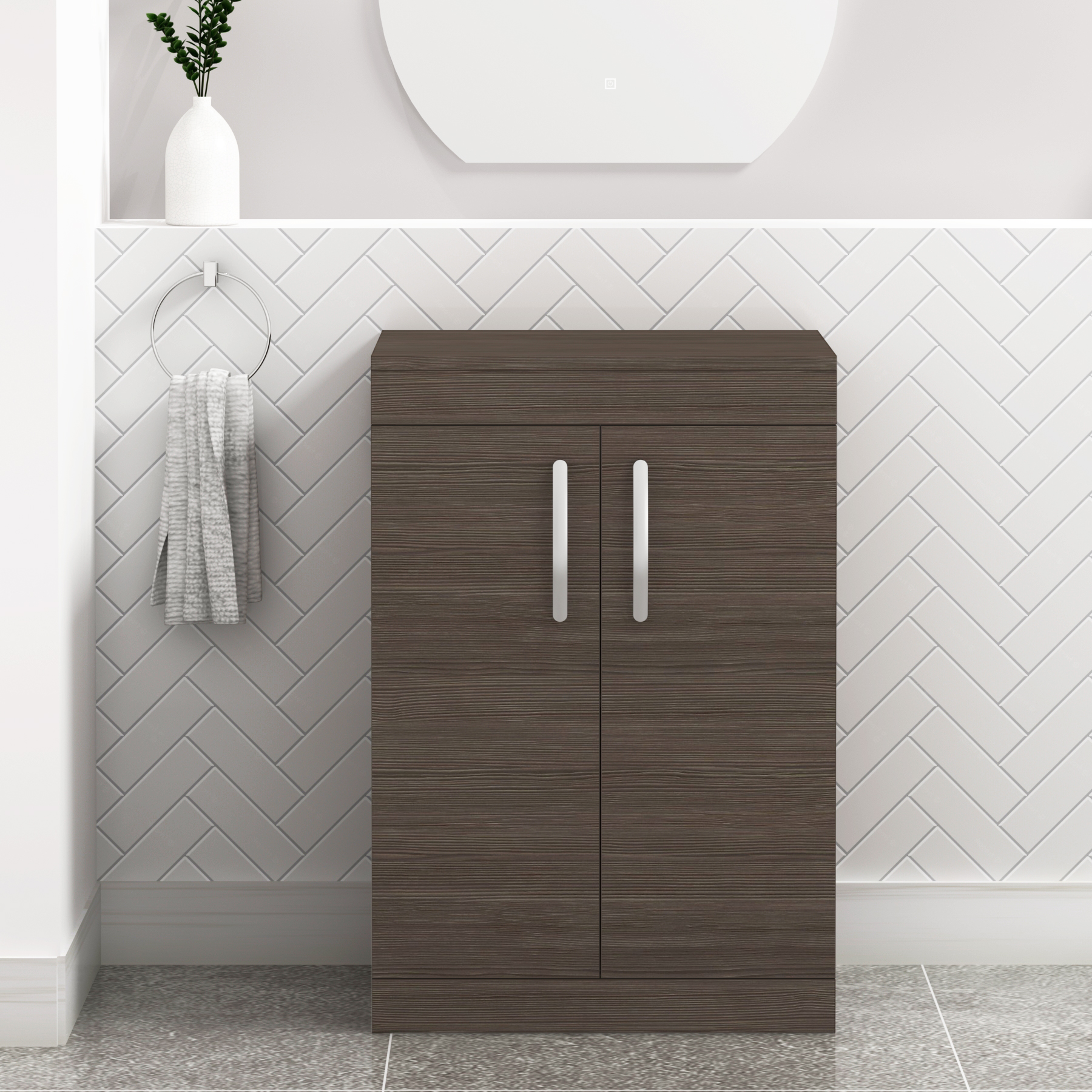 Turin 600mm Floor Standing Vanity Unit 2 Door Grey Elm & Various Countertop Basins