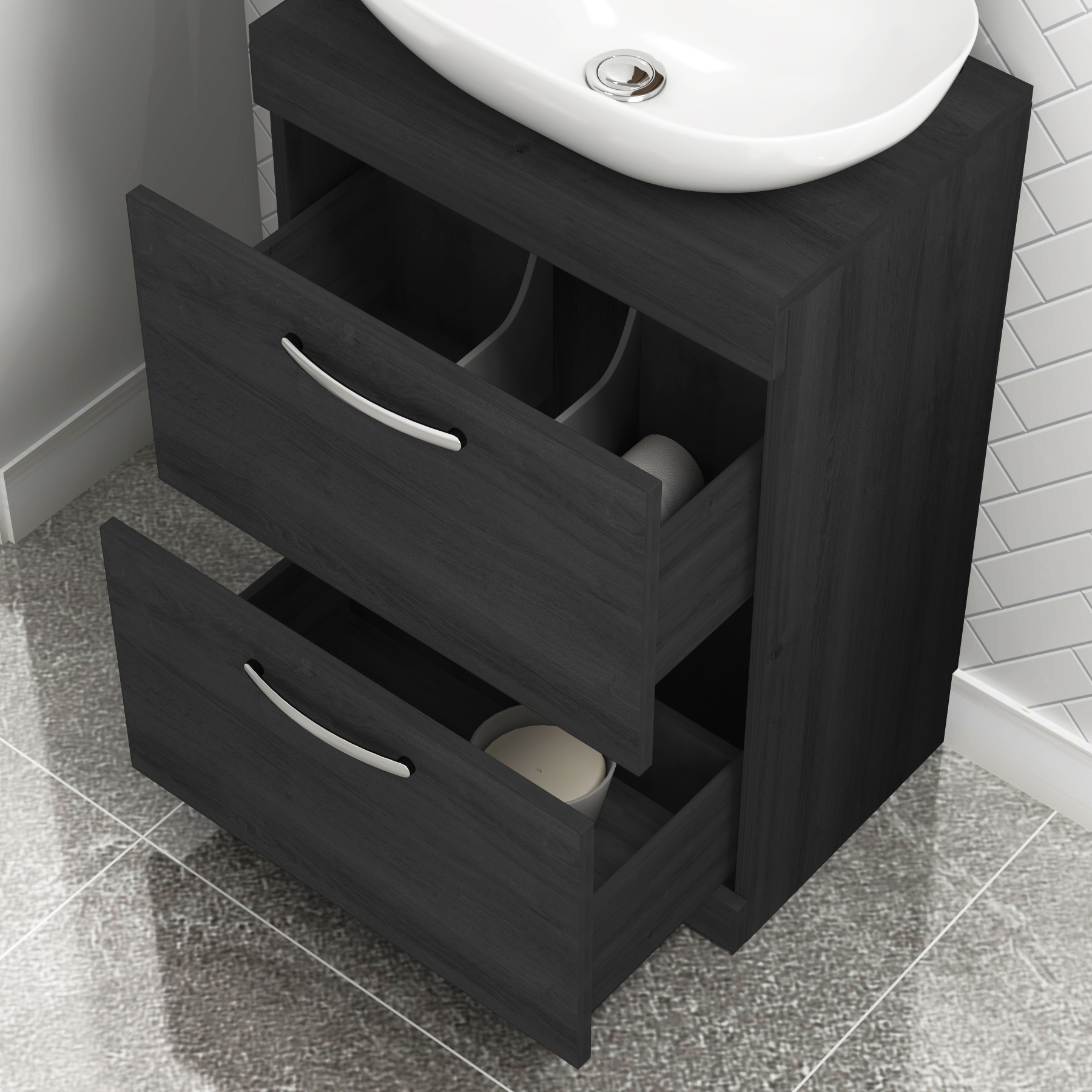 500mm Floor Standing Vanity Unit 2 Drawer Hale Black & Countertop Basin - Elva