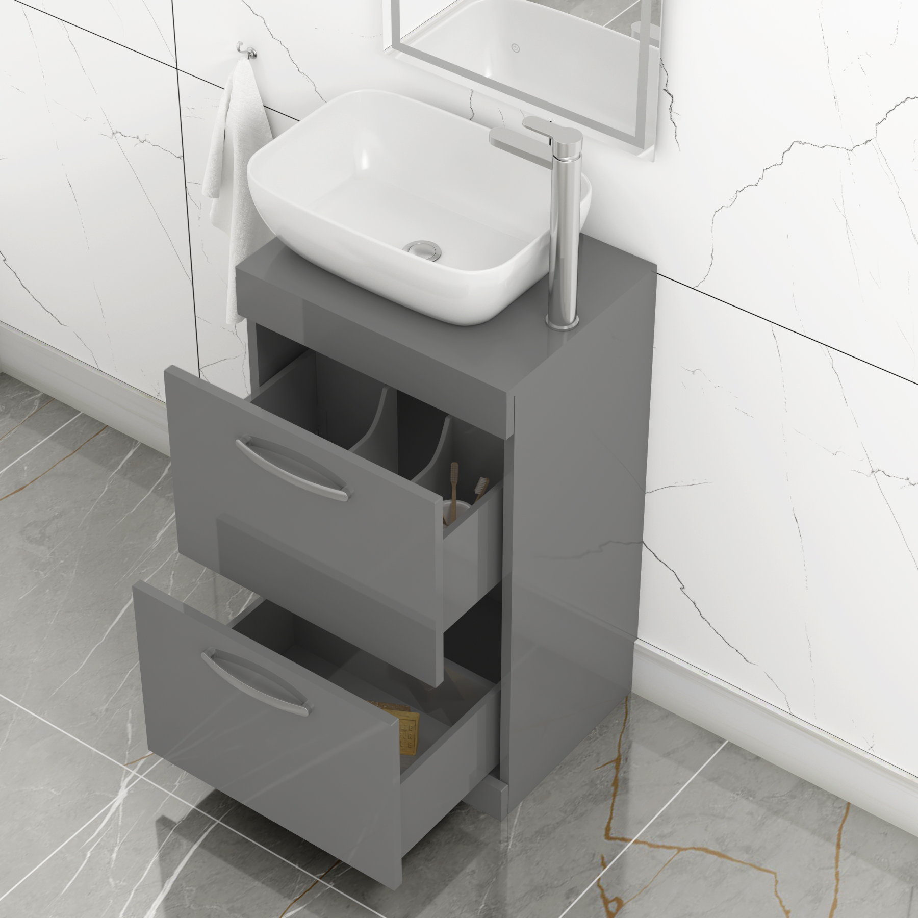 500mm Floor Standing Vanity Unit 2 Drawer Indigo Grey Gloss & Countertop Basin - Elva