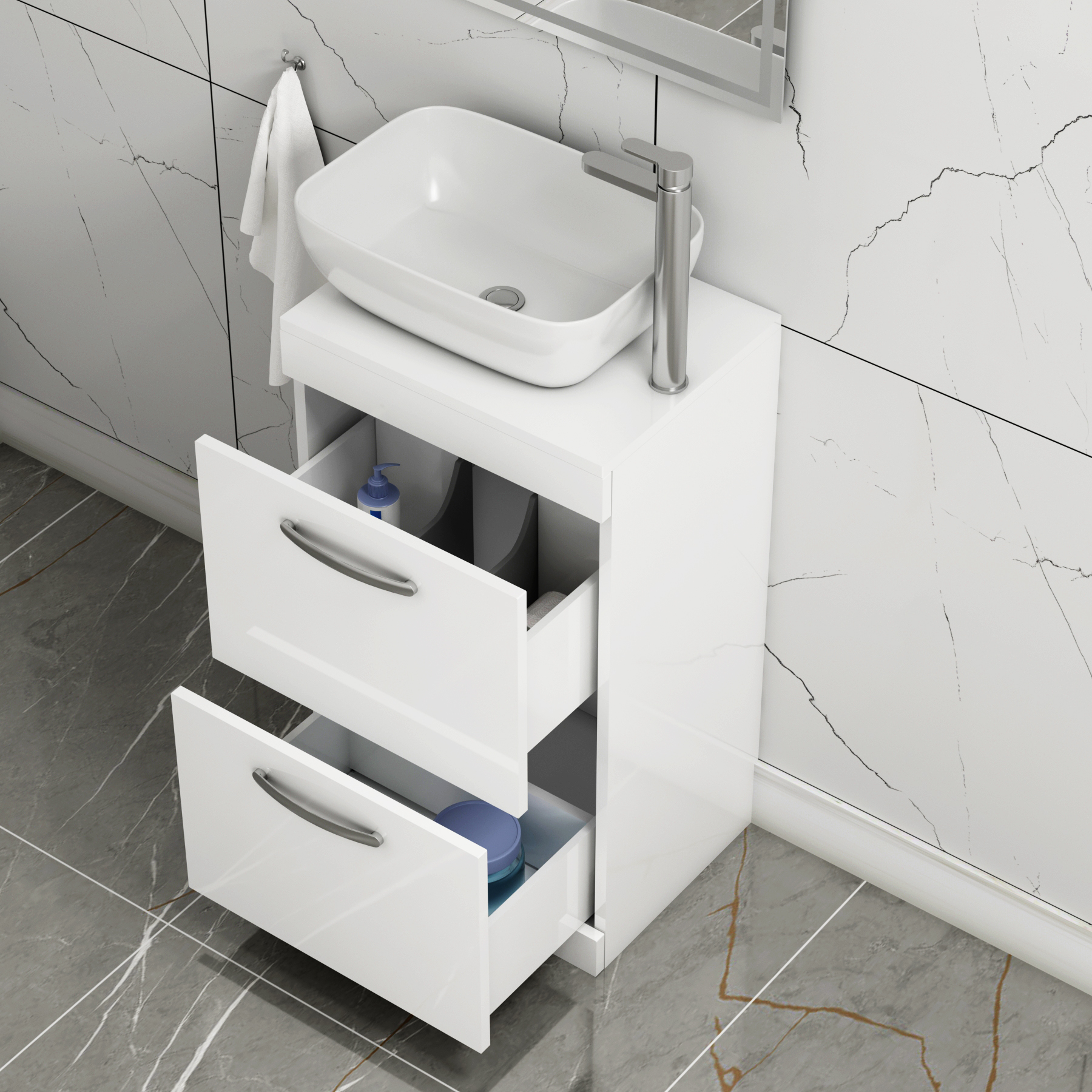 500mm Floor Standing Vanity Unit 2 Drawer Gloss White & Countertop Basin - Elva