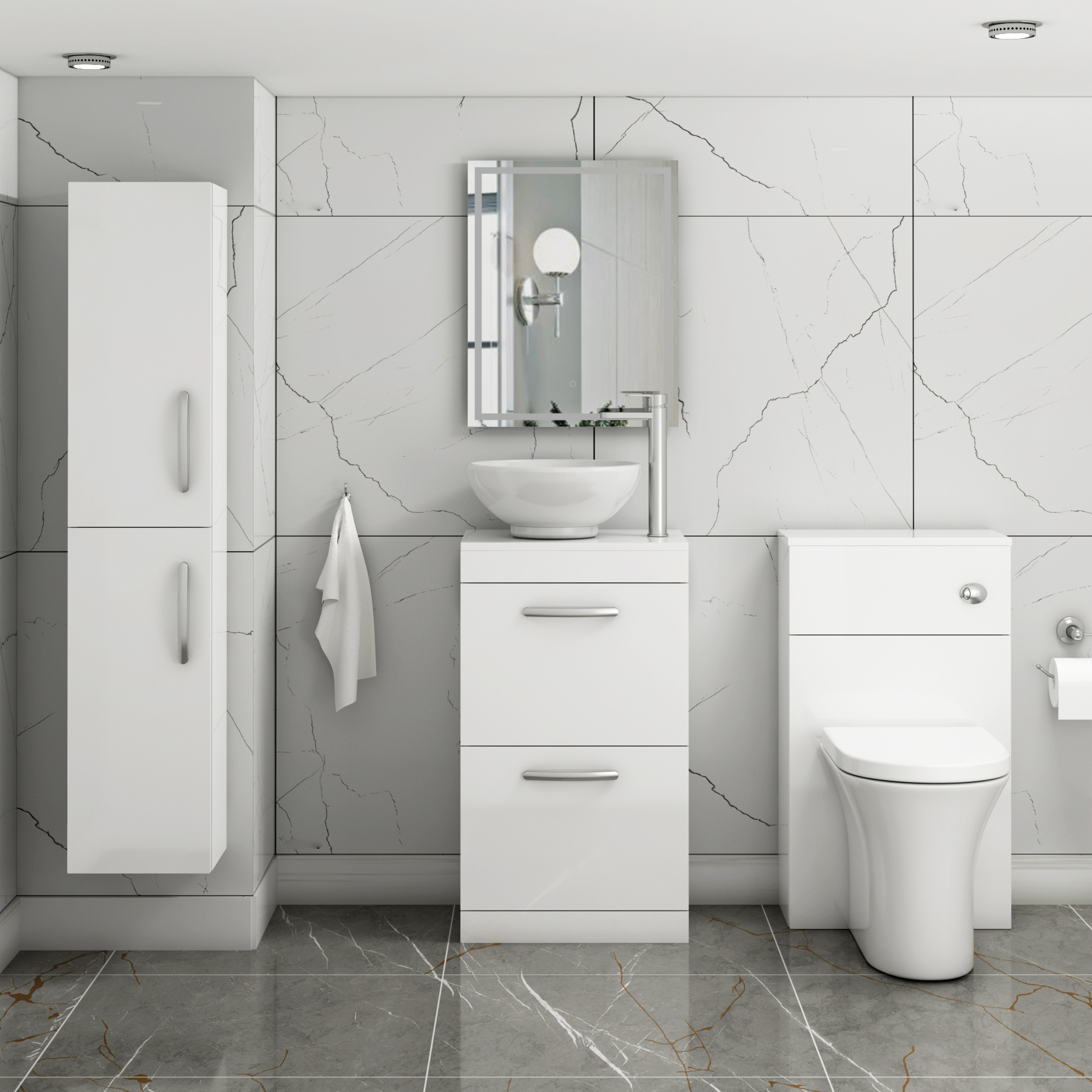  Turin 500mm Gloss White Floor Standing Worktop Vanity Unit - 2 Drawer