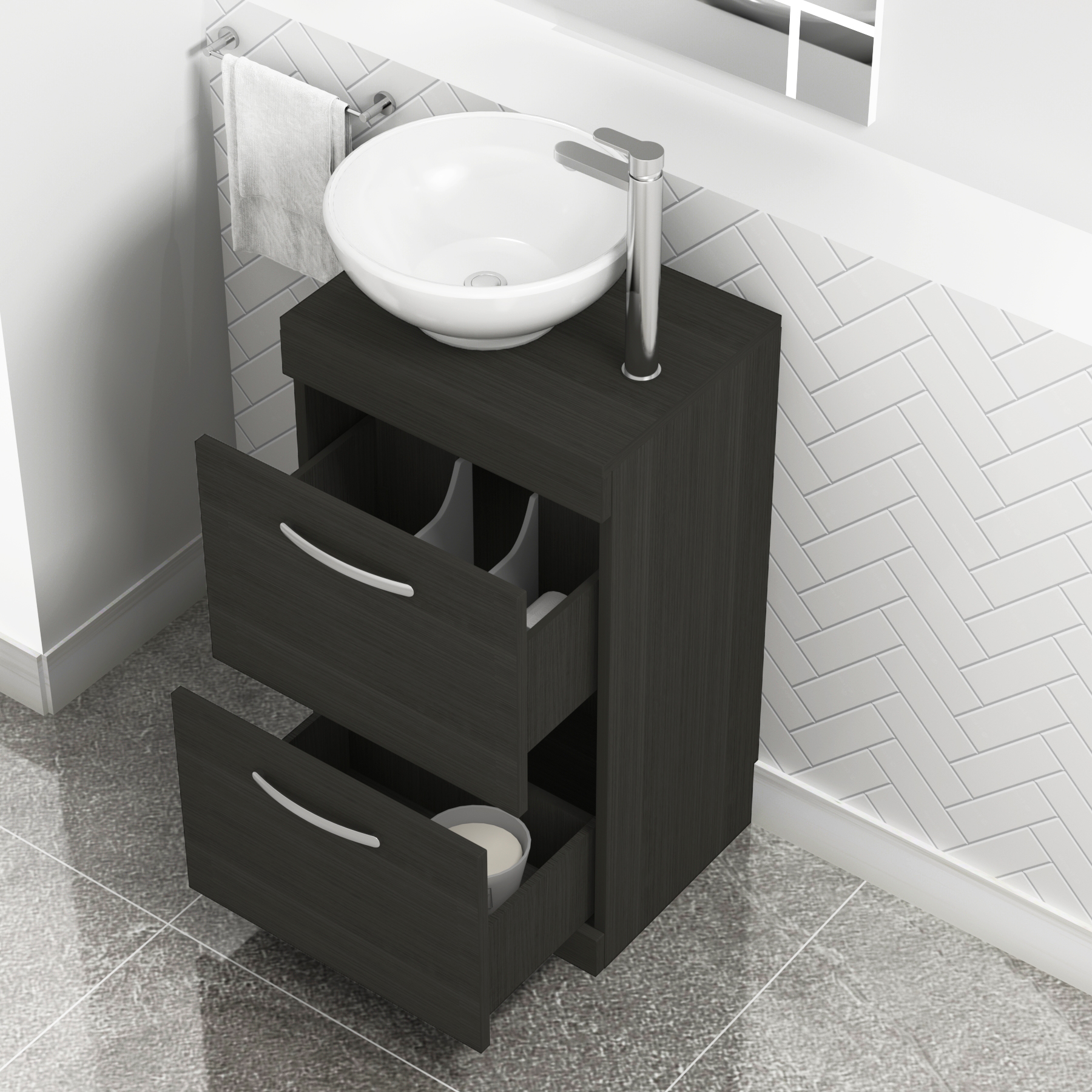 500mm Floor Standing Vanity Unit 2 Drawer Hale Black & Countertop Basin - Breeze