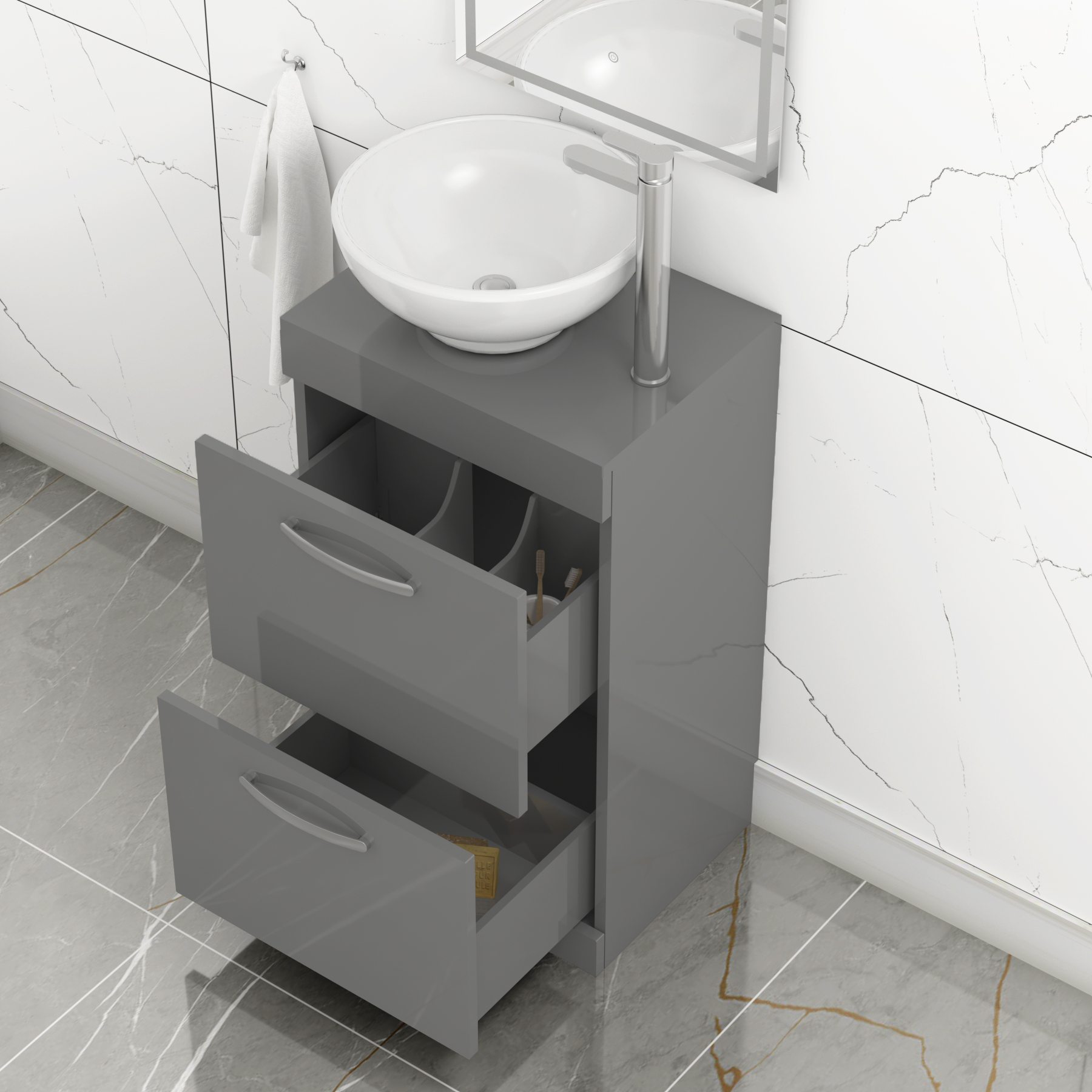 500mm Floor Standing Vanity Unit 2 Drawer Indigo Grey Gloss & Countertop Basin - Breeze