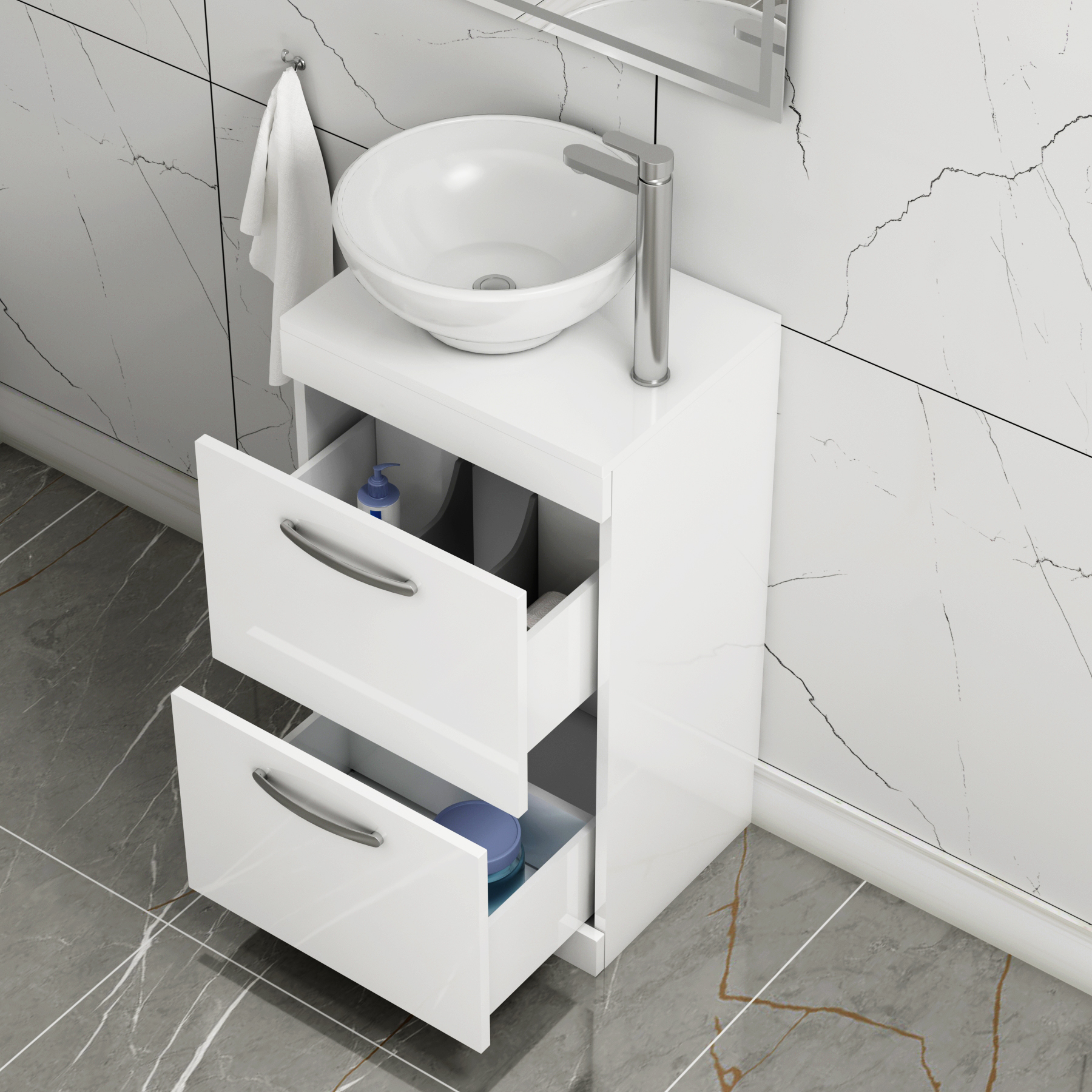 500mm Floor Standing Vanity Unit 2 Drawer Gloss White & Countertop Basin - Breeze