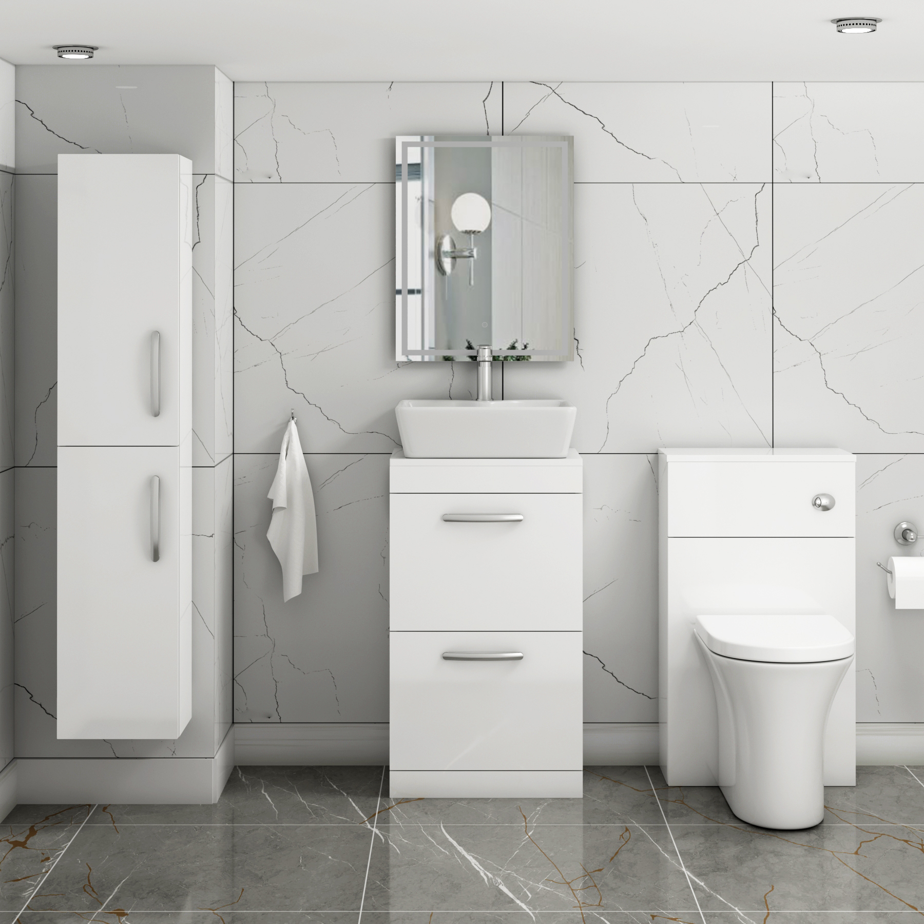 500mm Floor Standing Vanity Unit 2 Drawer Gloss White & Countertop Basin - Cube