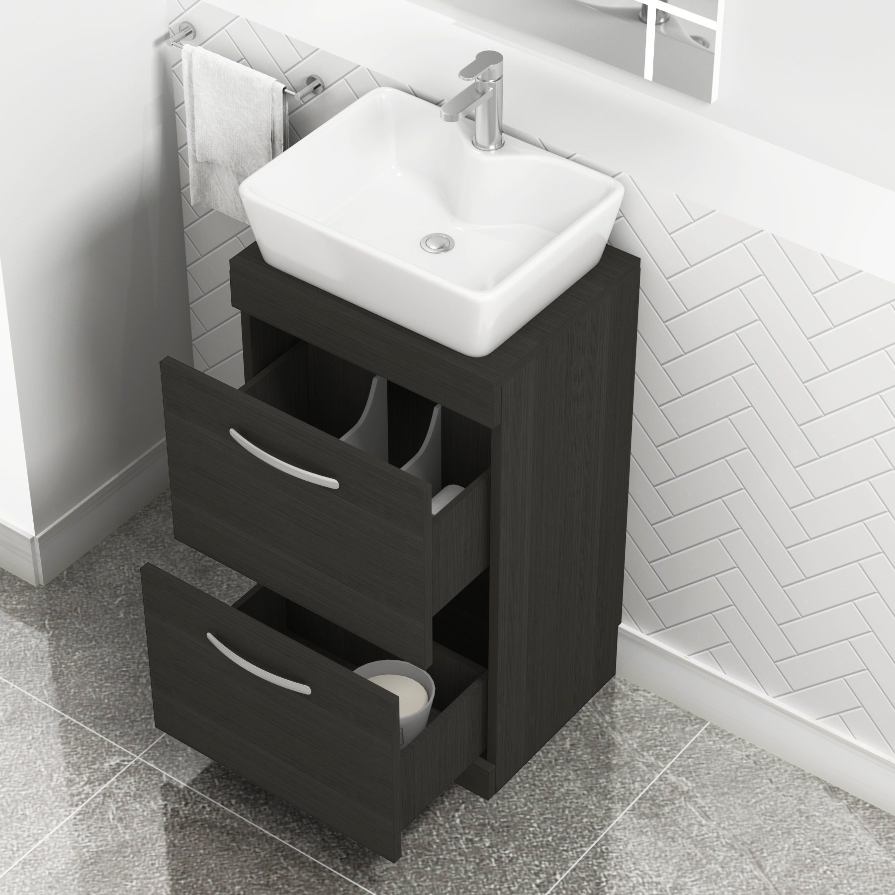 500mm Floor Standing Vanity Unit 2 Drawer Hale Black & Countertop Basin - Cube