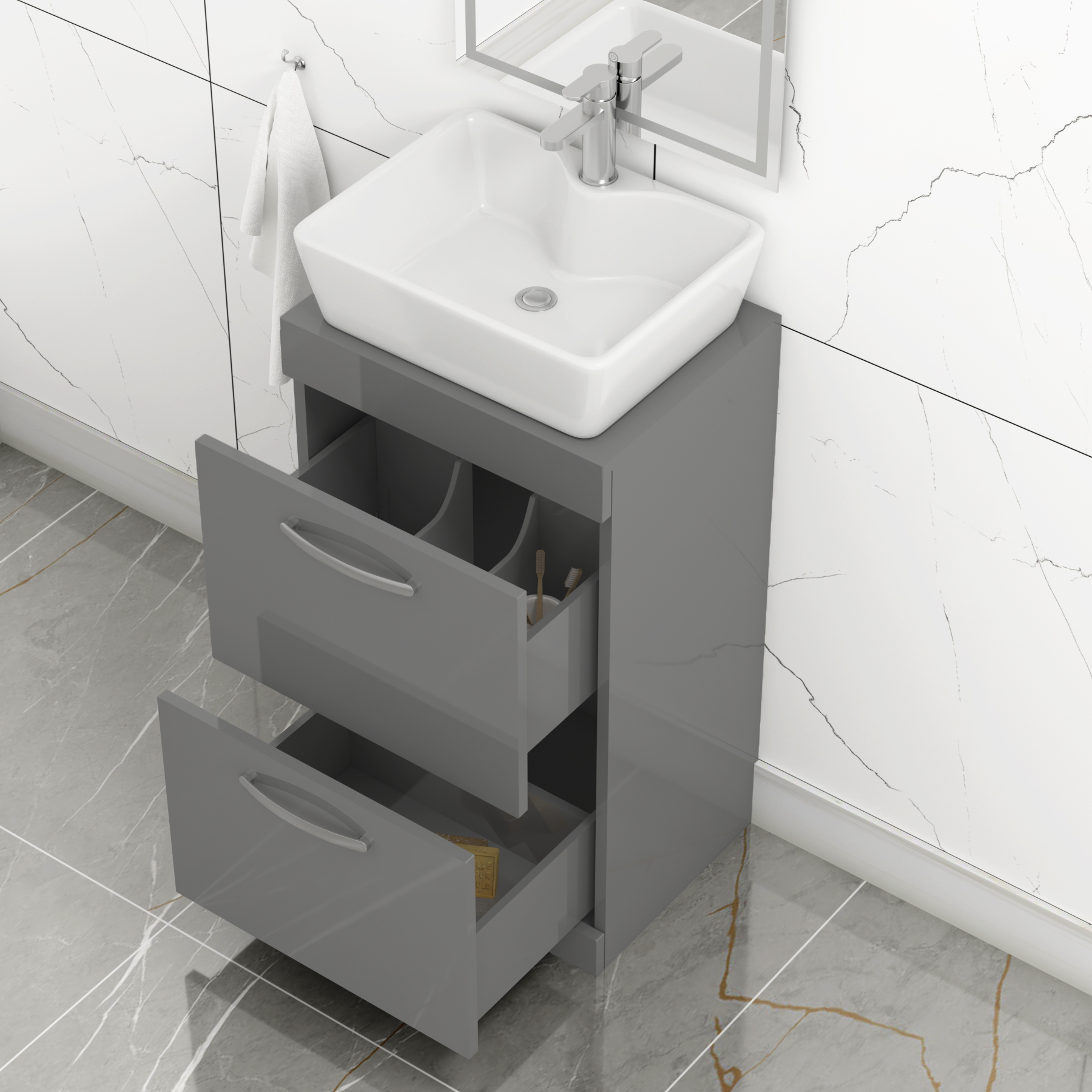 500mm Floor Standing Vanity Unit 2 Drawer Indigo Grey Gloss & Countertop Basin - Cube