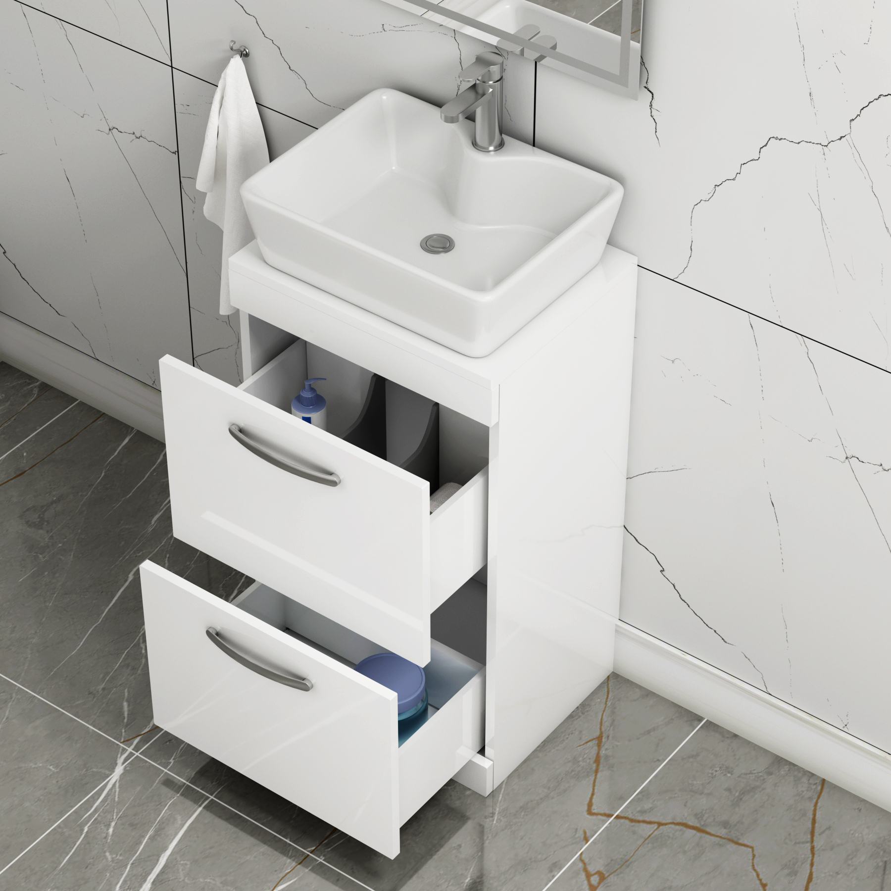 500mm Floor Standing Vanity Unit 2 Drawer Gloss White & Countertop Basin - Cube