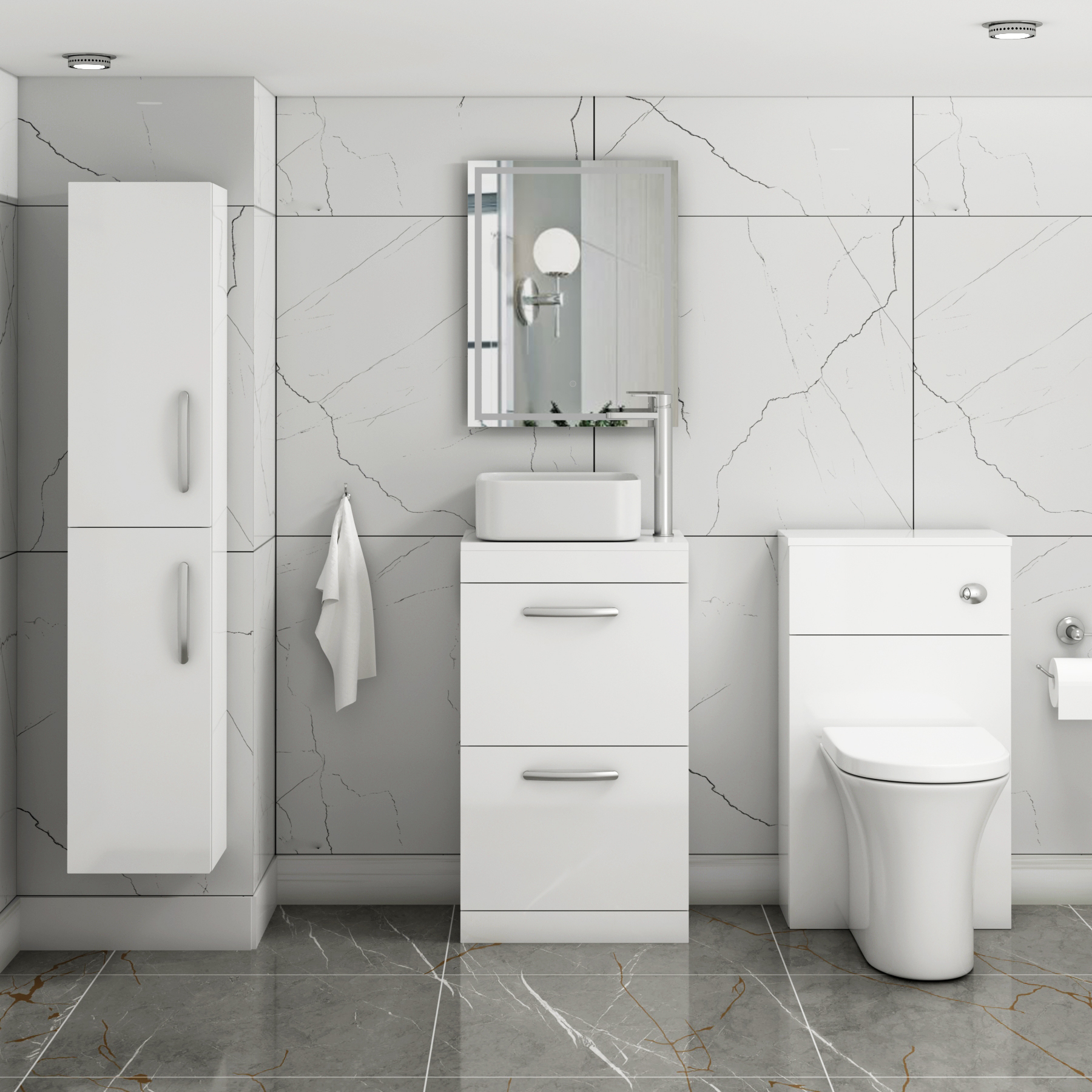 500mm Floor Standing Vanity Unit 2 Drawer Gloss White & Countertop Basin - Elena