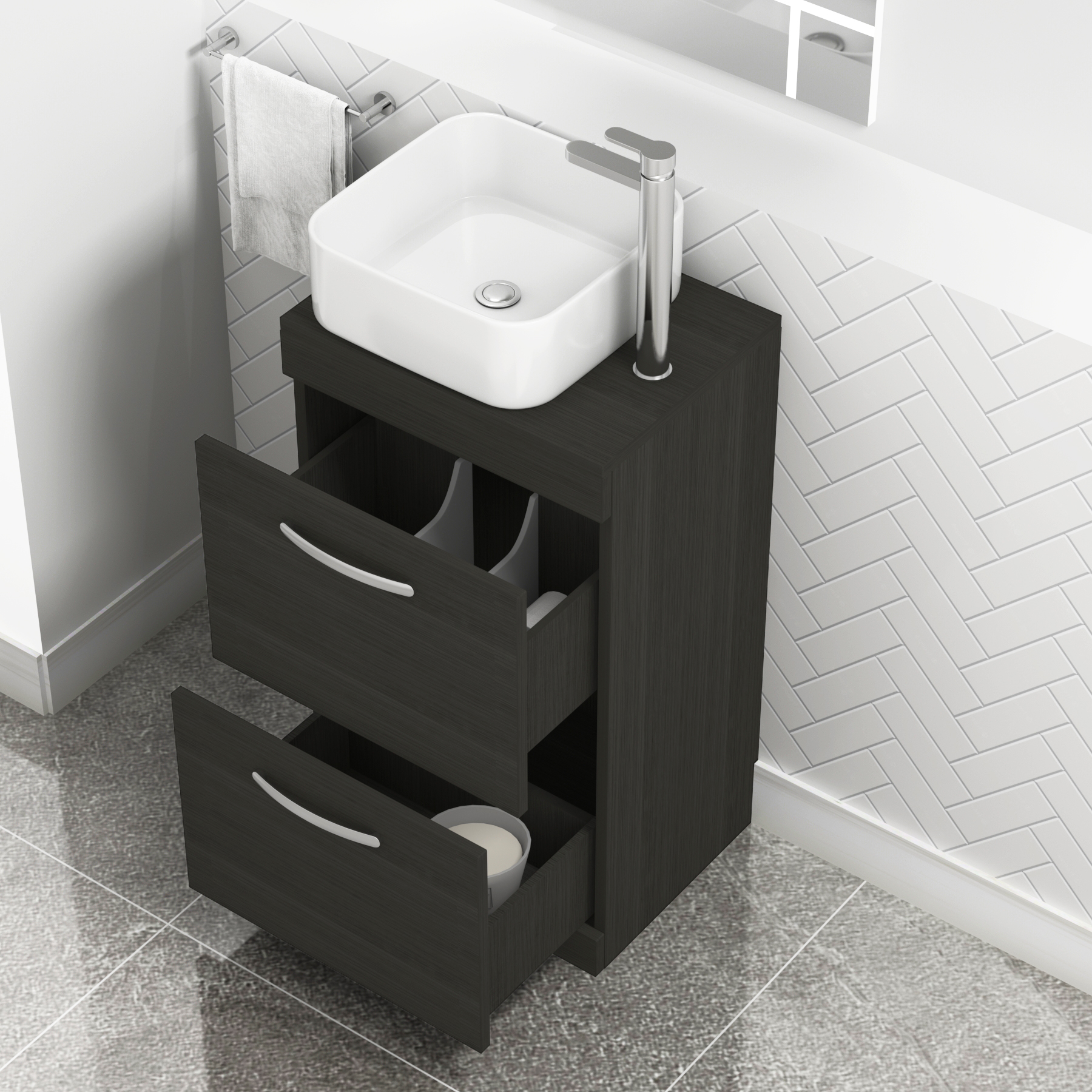 500mm Floor Standing Vanity Unit 2 Drawer Hale Black & Countertop Basin - Elena