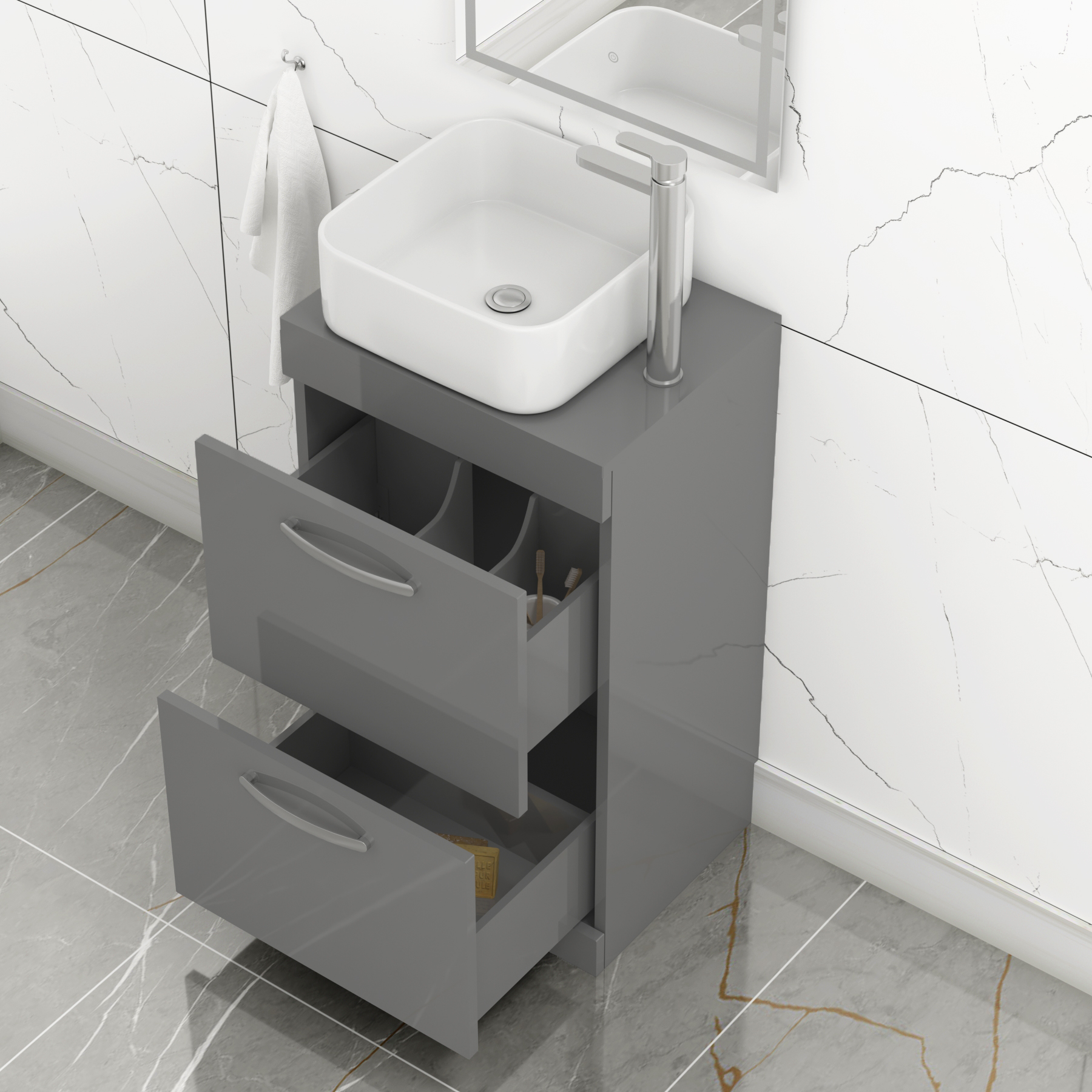 500mm Floor Standing Vanity Unit 2 Drawer Indigo Grey Gloss & Countertop Basin - Elena