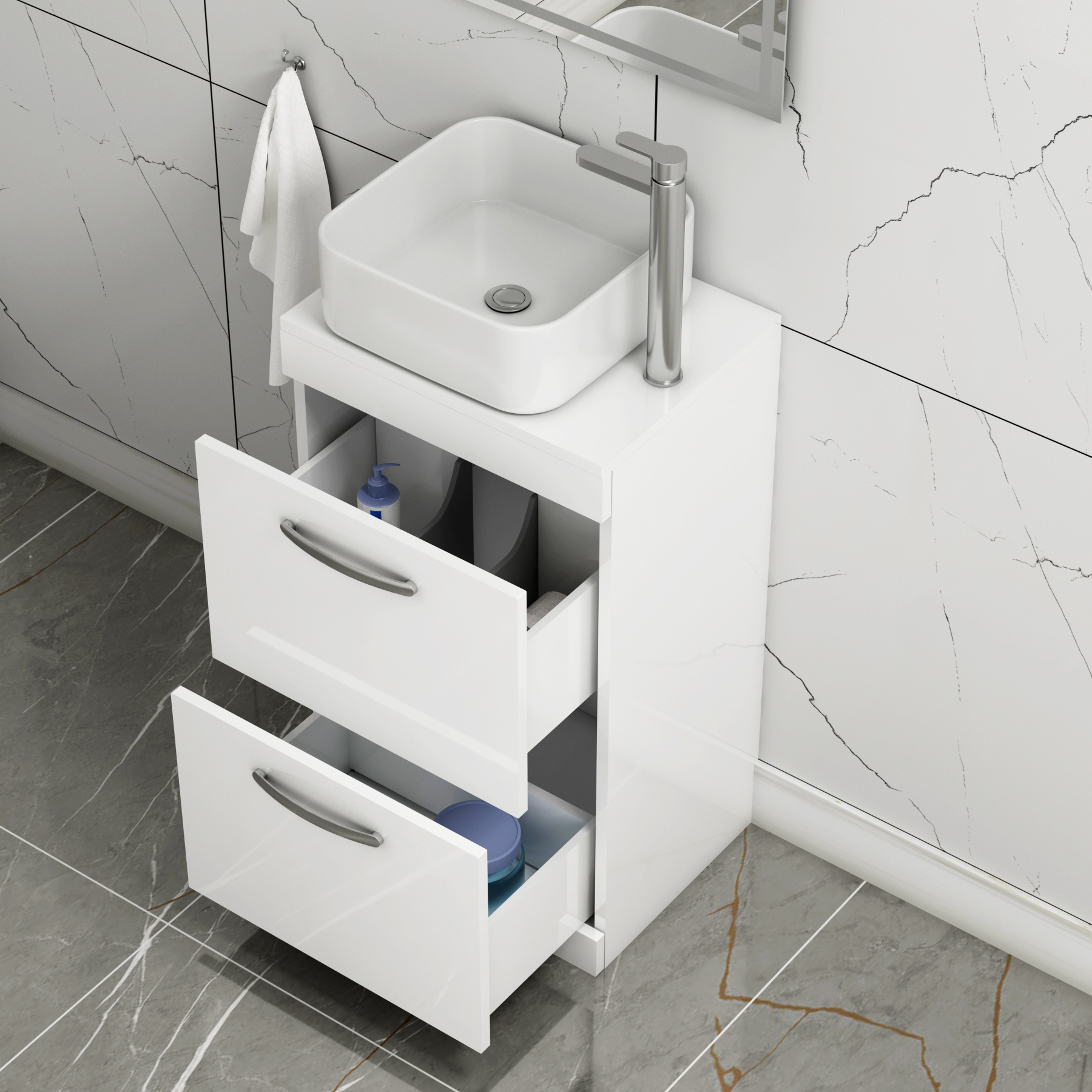 500mm Floor Standing Vanity Unit 2 Drawer Gloss White & Countertop Basin - Elena