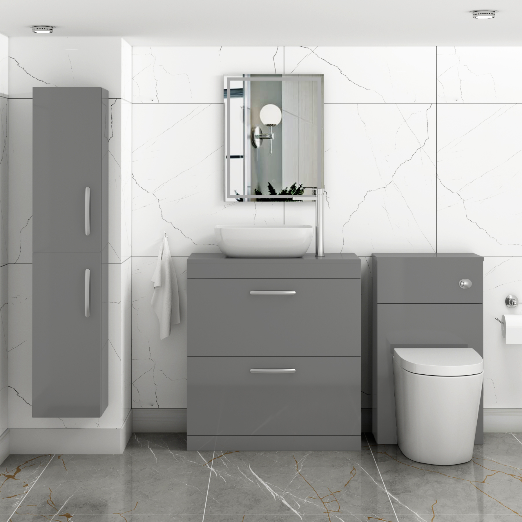 800mm Floor Standing Vanity Unit 2 Drawer Indigo Grey Gloss & Countertop Basin - Elva