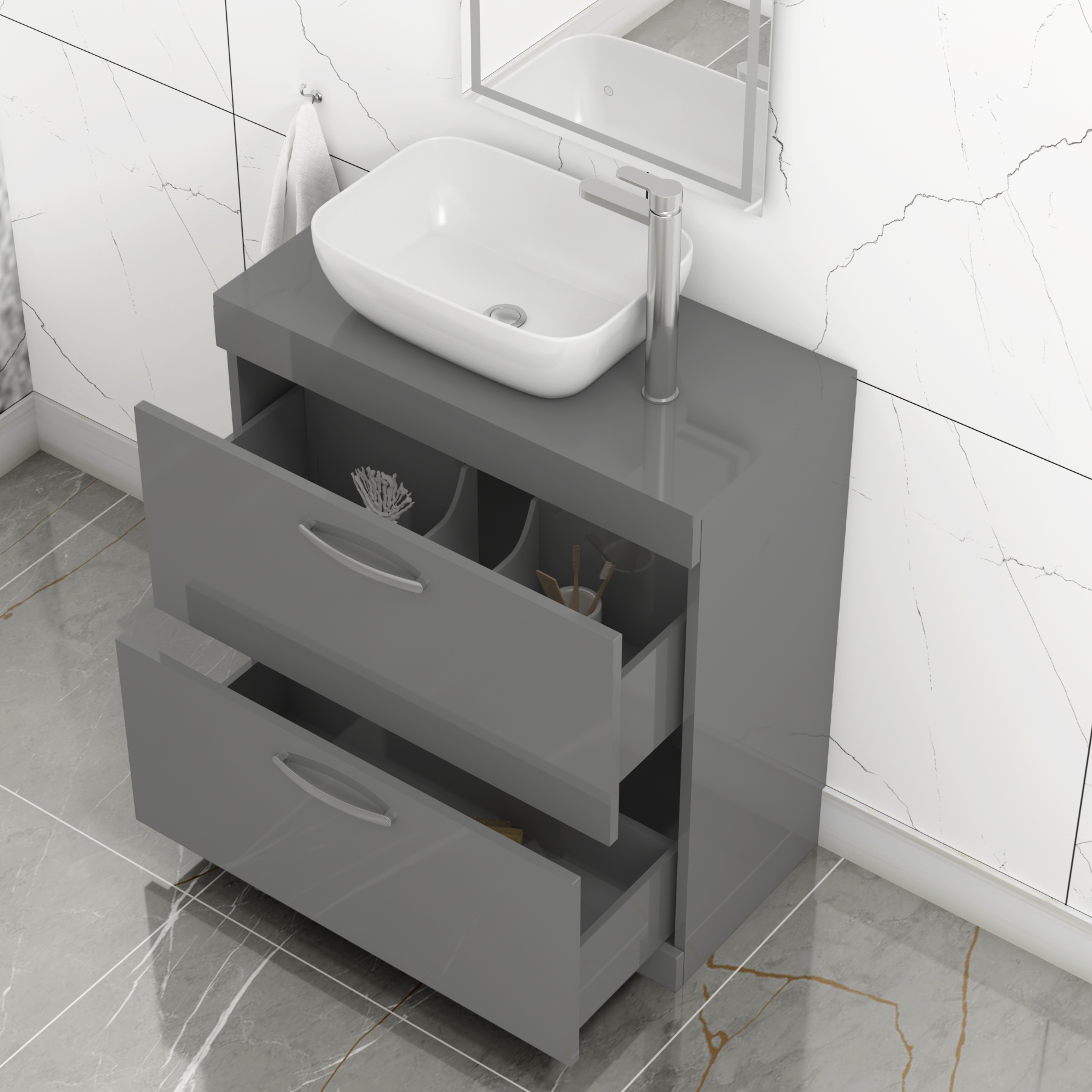 800mm Floor Standing Vanity Unit 2 Drawer Indigo Grey Gloss & Countertop Basin - Elva