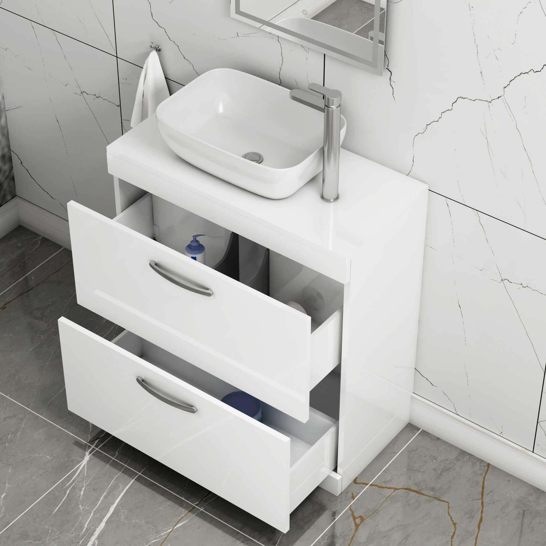 800mm Floor Standing Vanity Unit 2 Drawer Gloss White & Countertop Basin - Elva