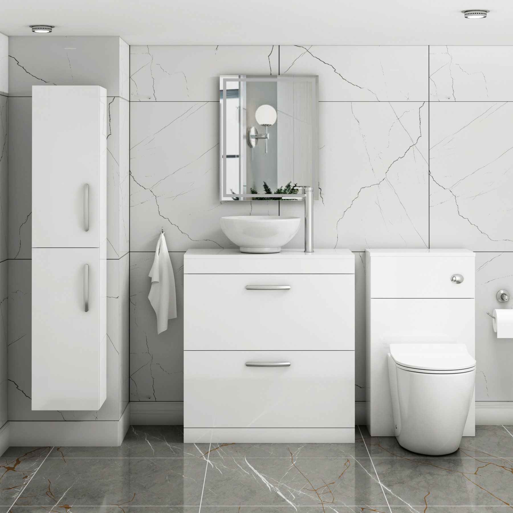  Turin 800mm Gloss White Floor Standing Worktop Vanity Unit - 2 Drawer