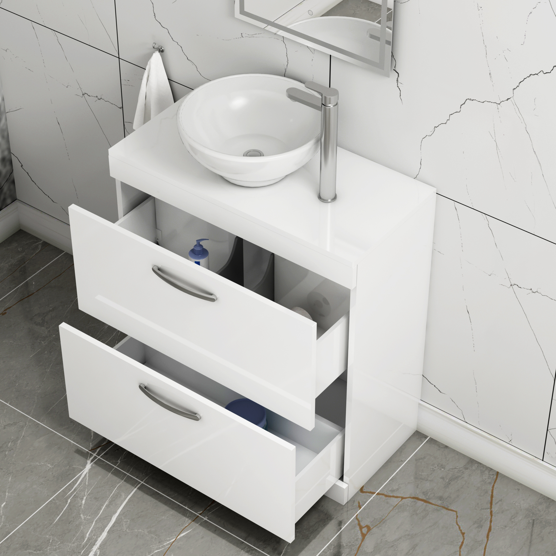 800mm Floor Standing Vanity Unit 2 Drawer Gloss White & Countertop Basin - Breeze