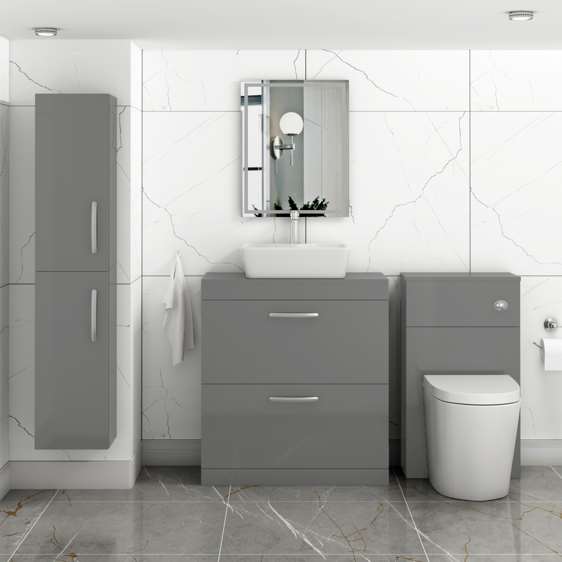 800mm Floor Standing Vanity Unit 2 Drawer Indigo Grey Gloss & Countertop Basin - Cube
