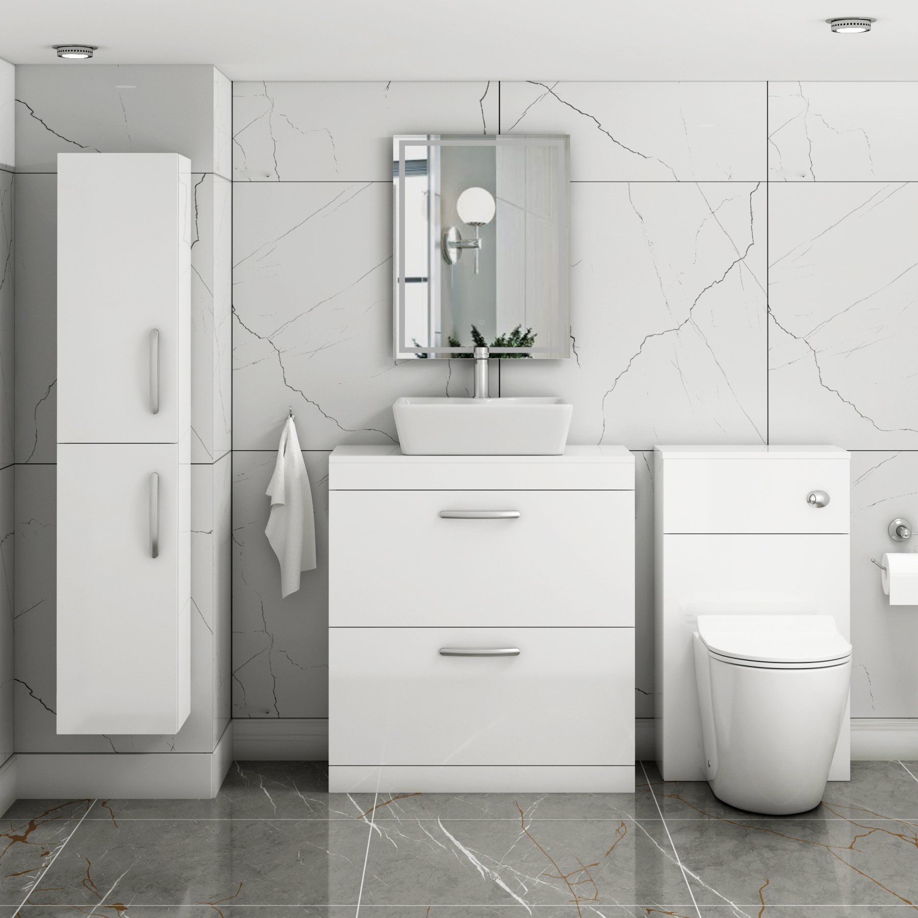 800mm Floor Standing Vanity Unit 2 Drawer Gloss White & Countertop Basin - Cube