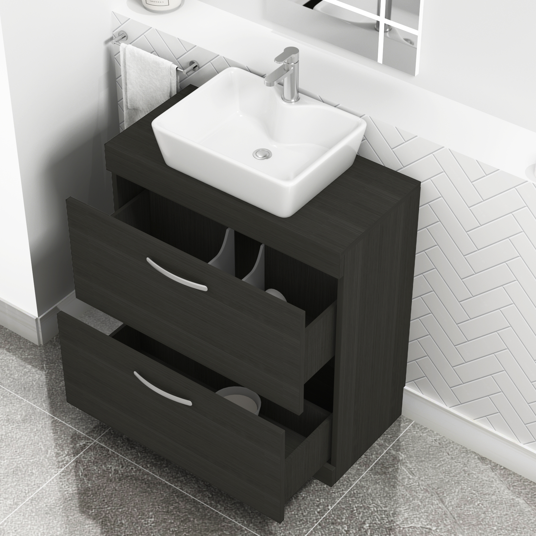 800mm Floor Standing Vanity Unit 2 Drawer Hale Black & Countertop Basin - Cube