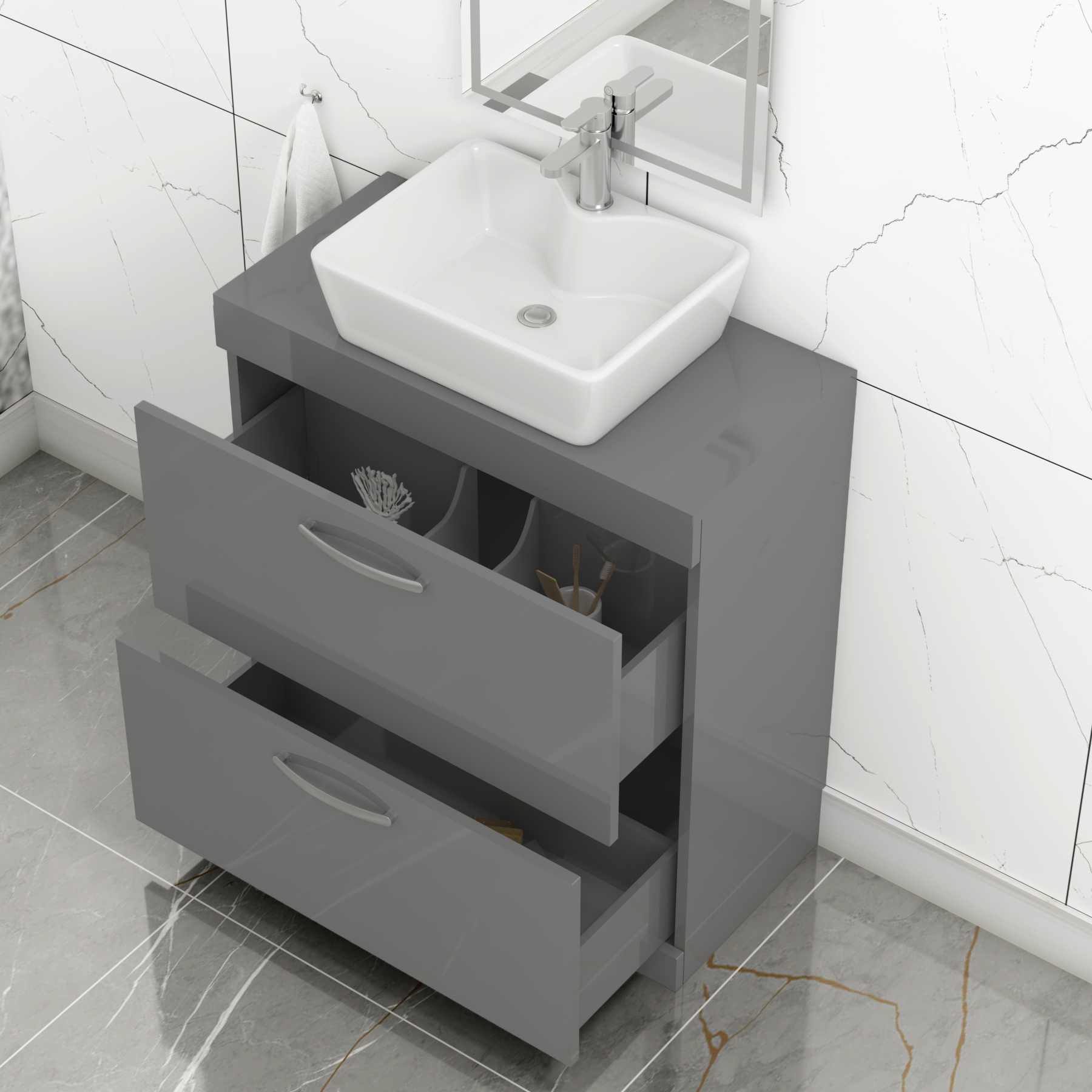 800mm Floor Standing Vanity Unit 2 Drawer Indigo Grey Gloss & Countertop Basin - Cube