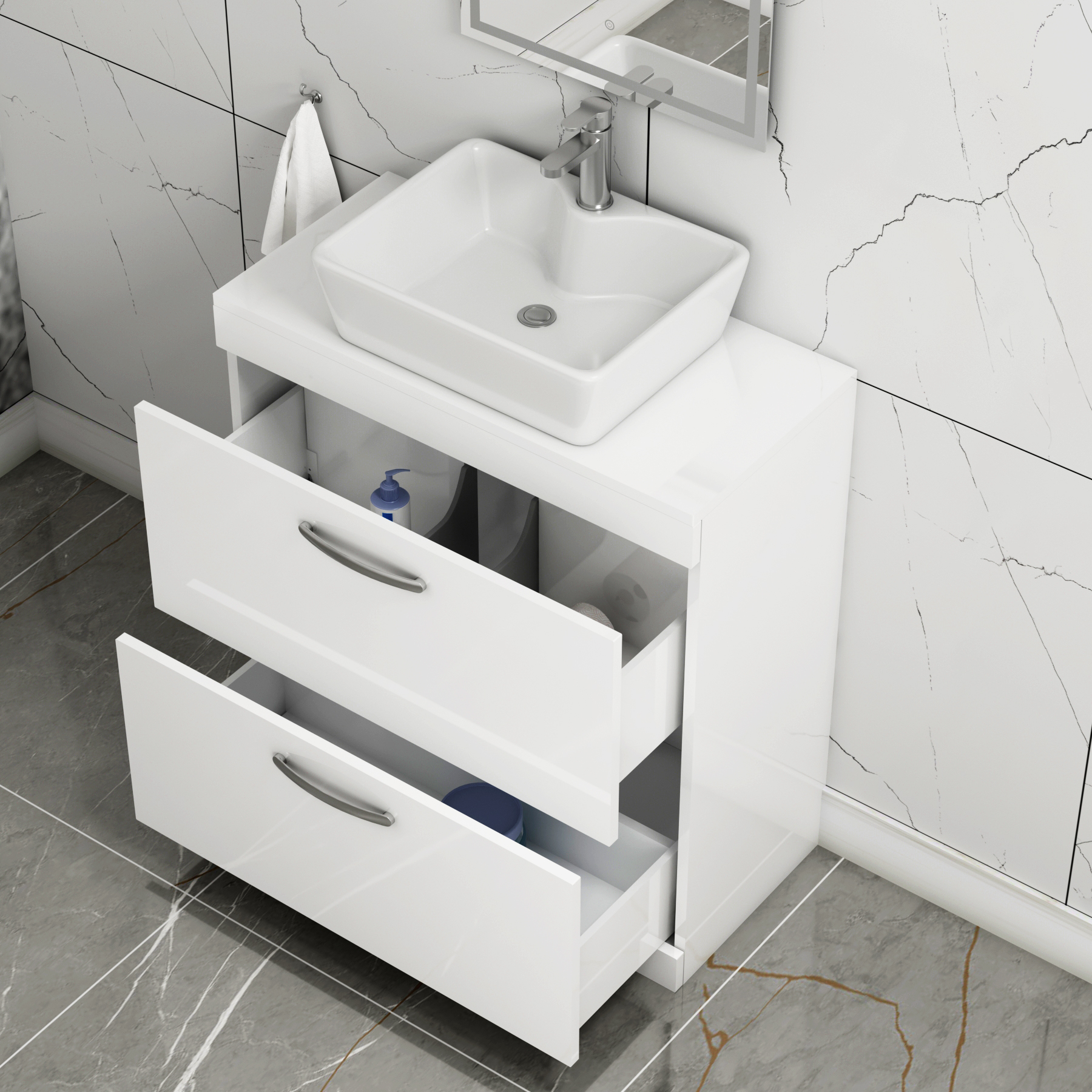 800mm Floor Standing Vanity Unit 2 Drawer Gloss White & Countertop Basin - Cube
